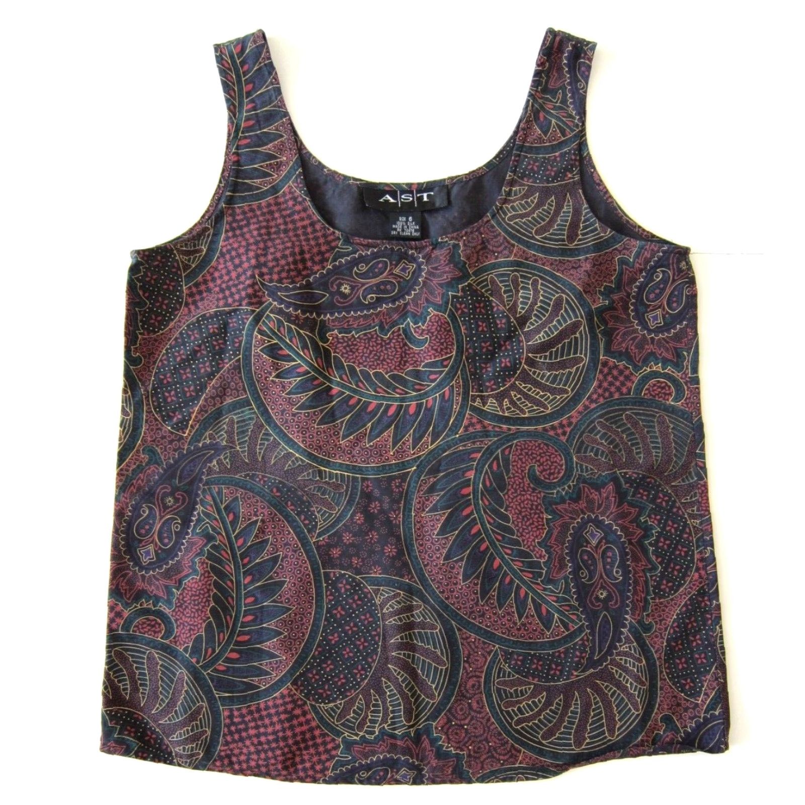 Vintage AST Black Red Green Floral 100% Silk Sleeveless Tank Top Blouse Women Size 6 Size M / US 6-8 / IT 42-44 - 2 Thumbnail