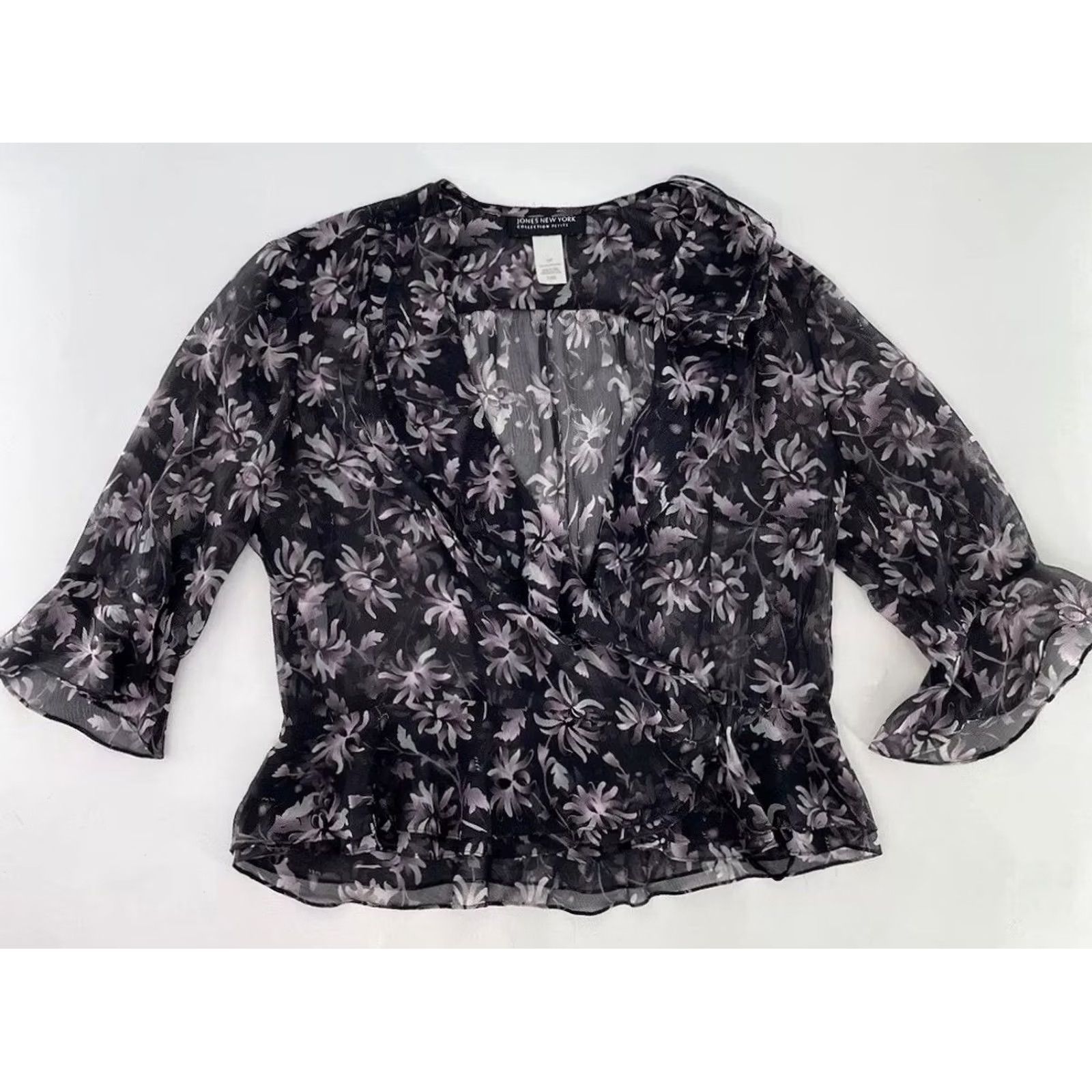 Jones New York Jones New York Cardigan Women 12P Sheer Floral Purple Black 100% Silk Button Front 3/4 Sleeve Size XL / US 12-14 / IT 48-50 - 3 Thumbnail