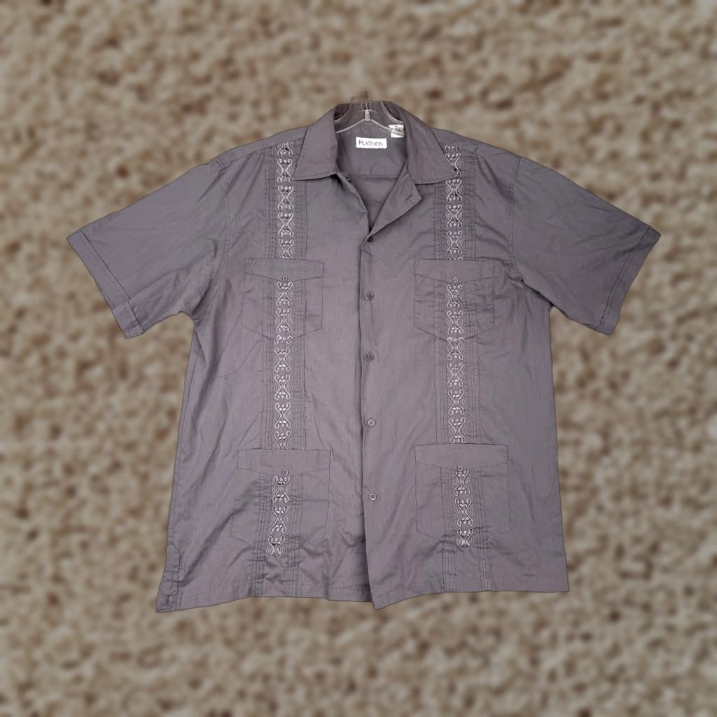 Vintage Platoon Shirt Men XL Gray 4 Pocket Cotton Blend Button-Up, Short Sleeve, Casual Aloha Beach Hawaiian Vacation Resort, Men’s Shirt, Vintage? No Size US XL / EU 56 / 4 - 1 Thumbnail