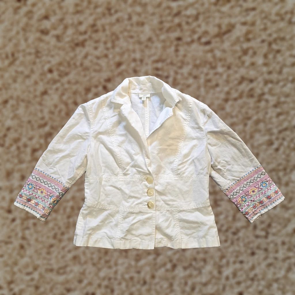 J. Jill VINTAGE J. Jill Jacket Womens Petite 6 White Embroidery Linen Blend Short 3/4 Sleeve Button Regular Twill Lightweight Casual Womens Size M / US 6-8 / IT 42-44 - 1 Thumbnail