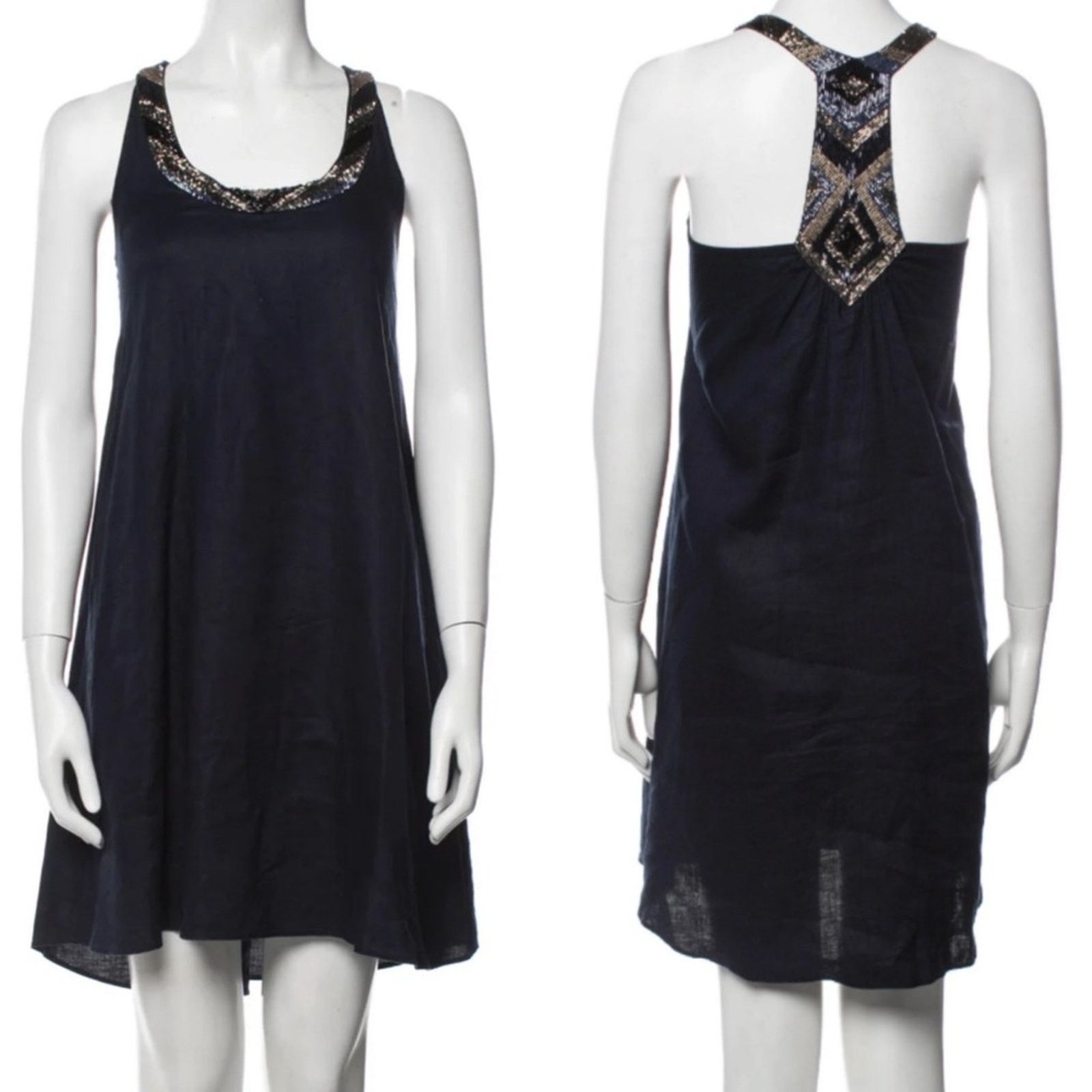 Calypso St Barth Calypso St Barth Navy Blue Linen Sequin Neck Tank Dress XS Size XS / US 0-2 / IT 36-38 - 2 Thumbnail