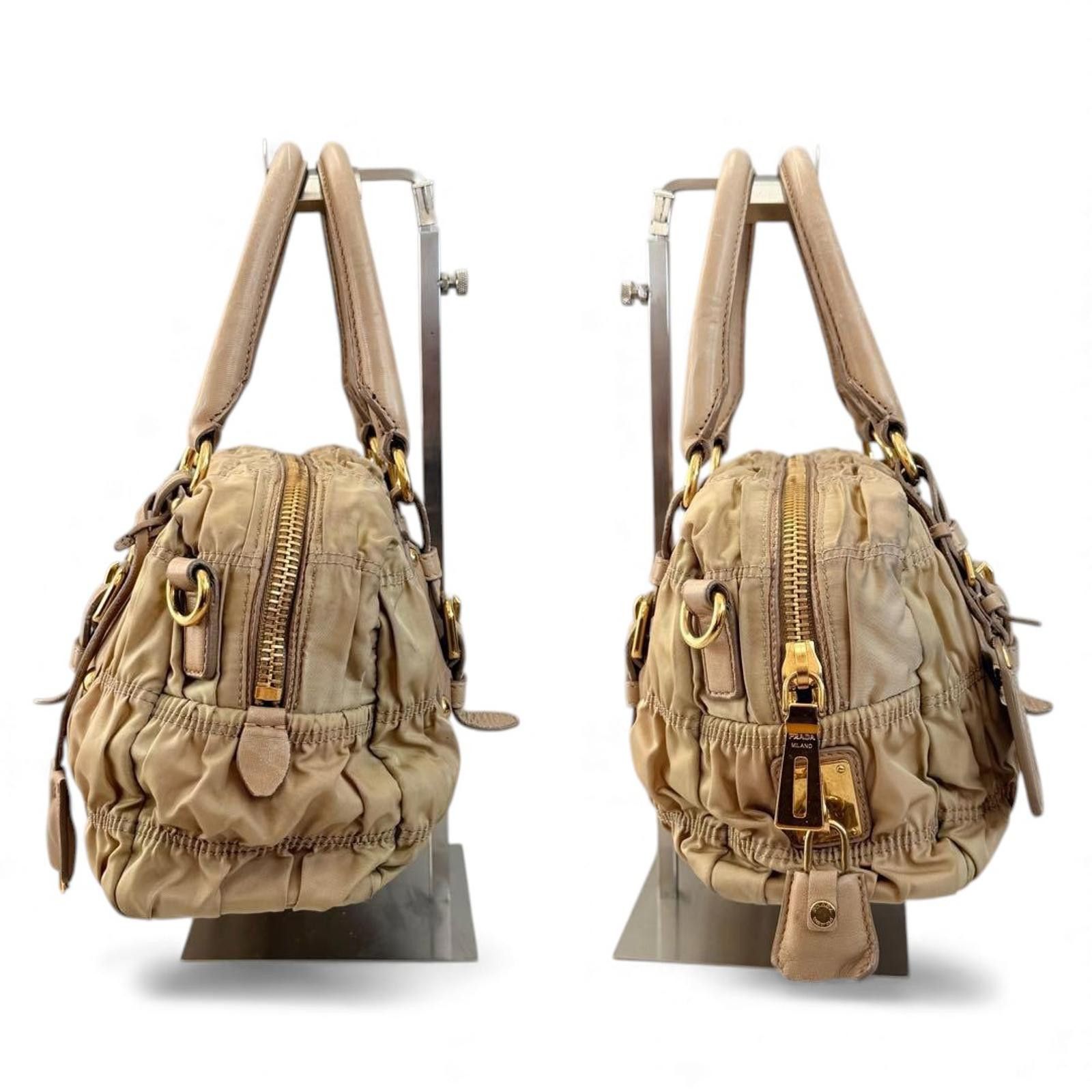 Prada Prada - Beige Ruched Leather Handbag Gold Hardware Size ONE SIZE - 4 Thumbnail