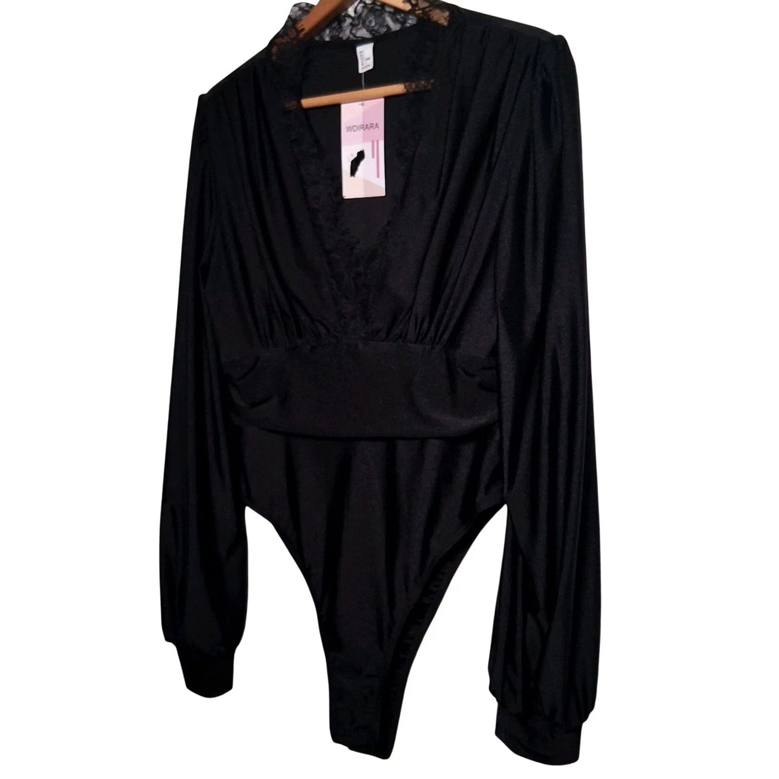 Vintage WDIRARA Bodysuit Women L Black Long Sleeve V-Neck Lace Trim Stretch NEW Size L / US 10 / IT 46 - 2 Thumbnail