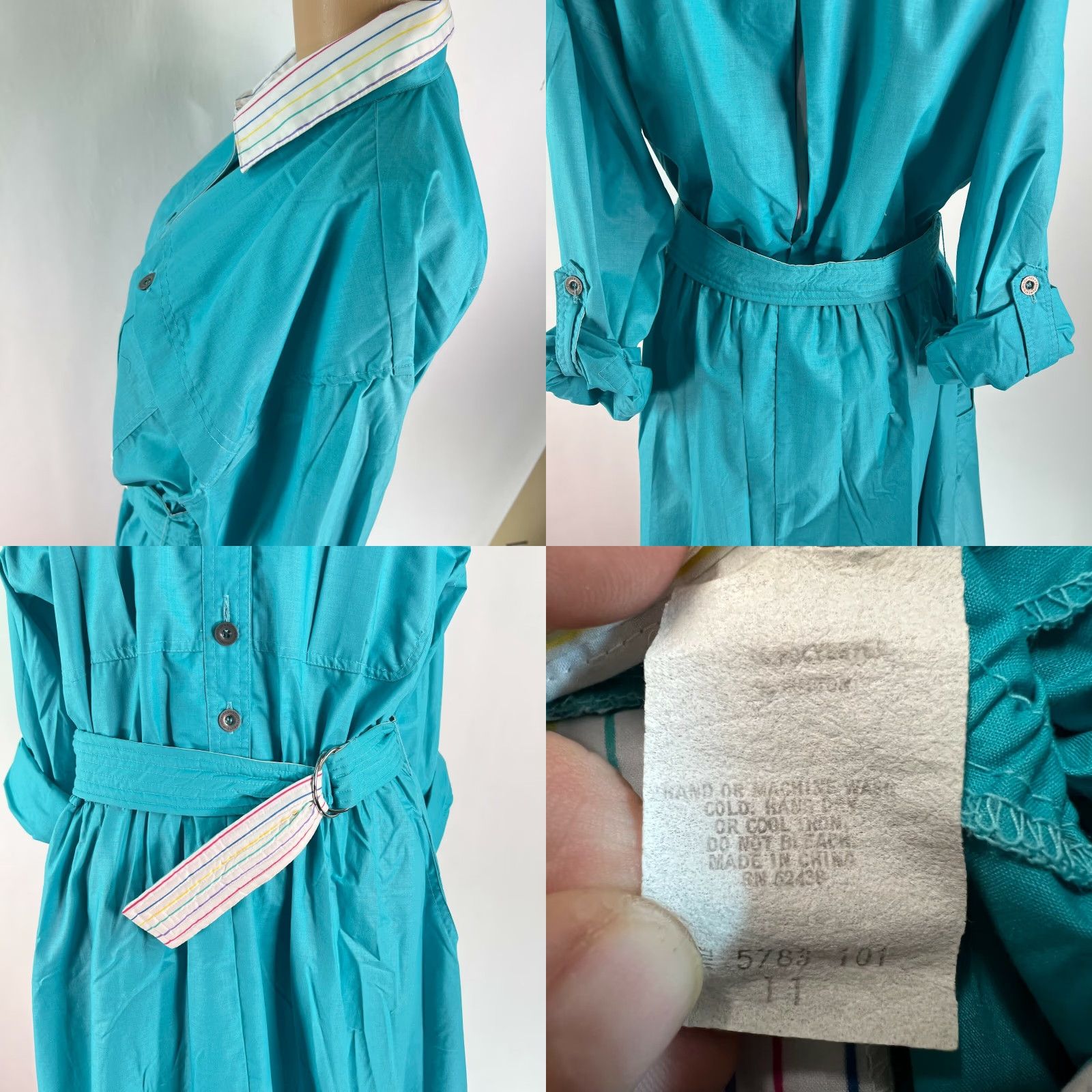 Altea VINTAGE E&M Womens Shirt Dress Teal Collared Belted Roll Tab Sleeves 3/4 Sleeve Size 11 Blue Size L / US 10 / IT 46 - 8 Thumbnail