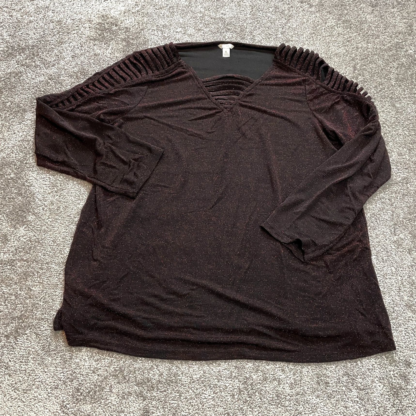 Vintage Cato Blouse Shirt Womens XL Black Dark Red Long Sleeve Nylon Spandex Jersey Stretch Dressy Casual Workwear Everyday Size XL / US 12-14 / IT 48-50 - 2 Thumbnail