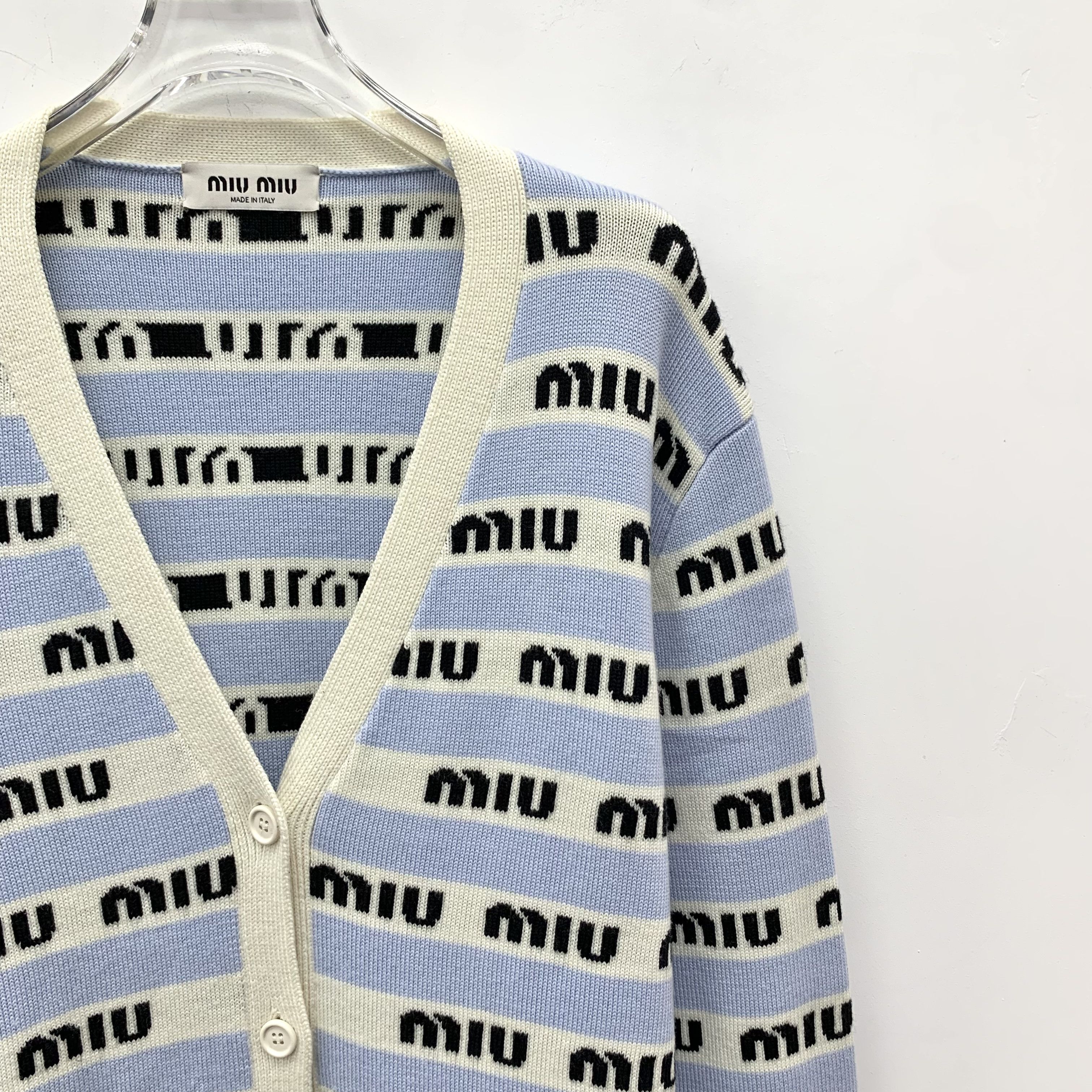 Miu Miu Miu Miu Striped Logo Wool Cardigan Light Blue (40) Size US XXS / EU 40 - 3 Thumbnail