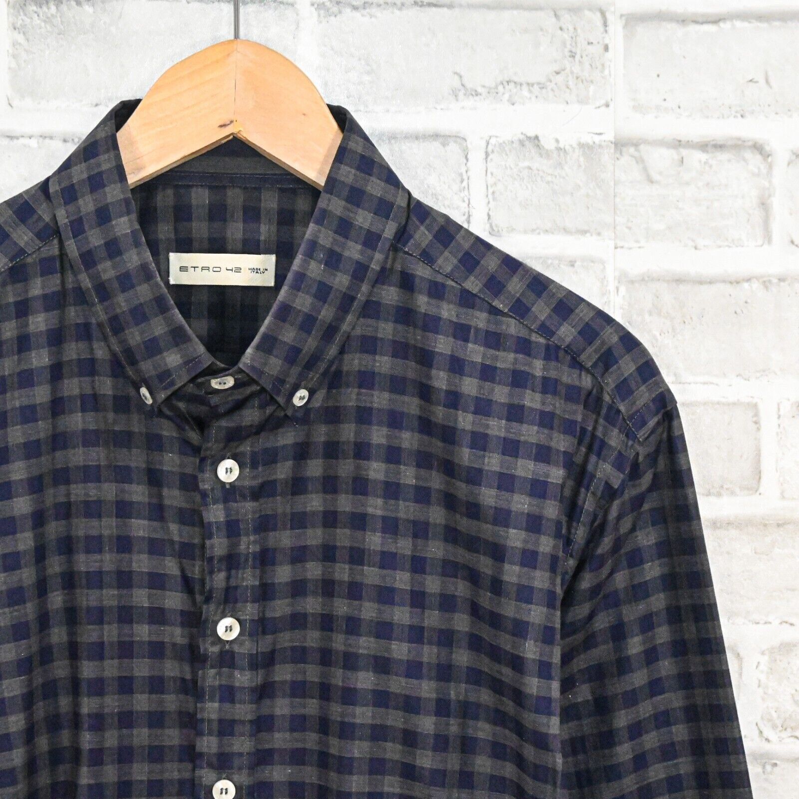 Etro ETRO Men's Button Down Shirt in Blue grey check cotton Size US L / EU 52-54 / 3 - 3 Thumbnail