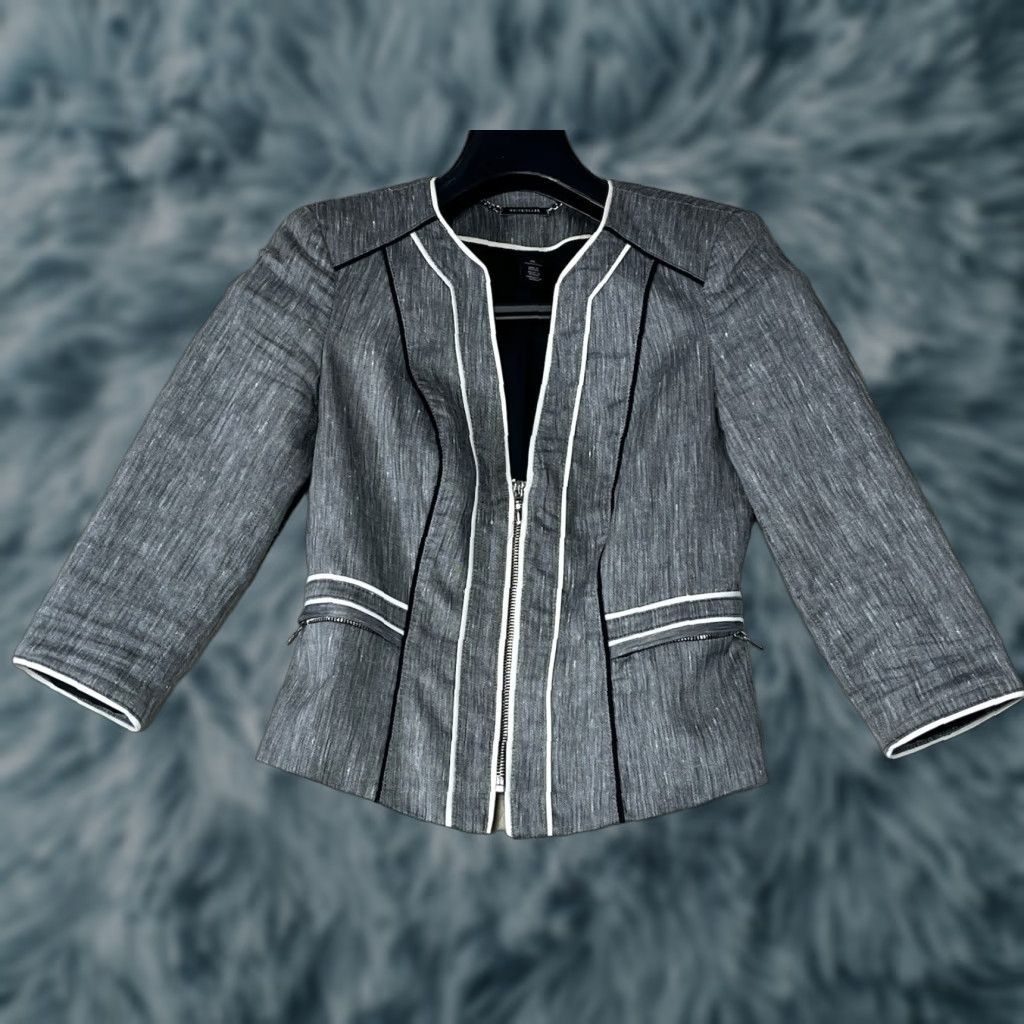 White House Black Market White House Black Market Jacket Women Full Zip Linen Blend 00 Black Stripes Short 3/4 Sleeve ZIP Career Workwear Casual Business Modern Size XXS / US 00 / IT 34 - 1 Thumbnail