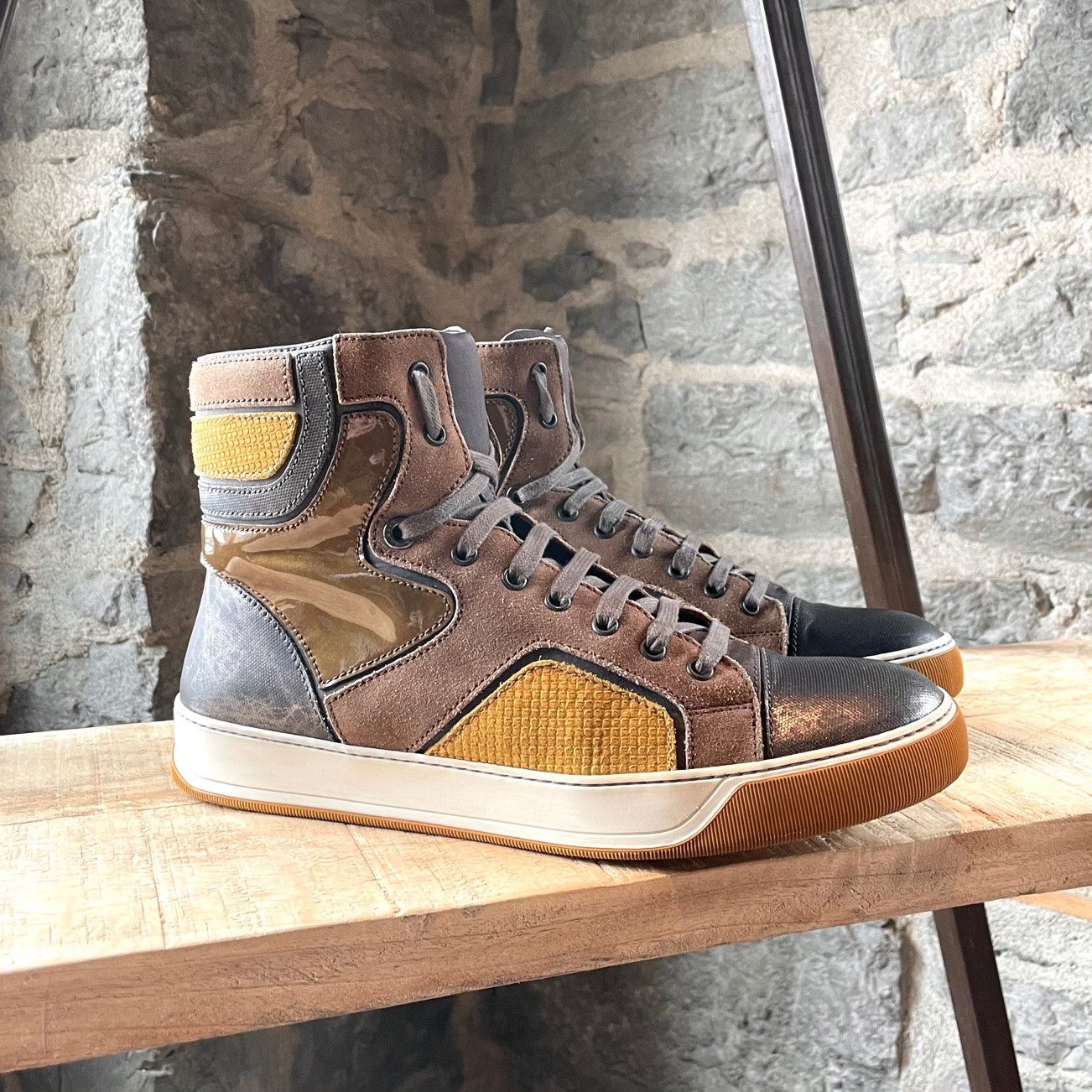 Lanvin Lanvin Yellow Mustard Multi Fabric Combo High-top Sneakers Size US 9 / EU 42 - 1 Thumbnail