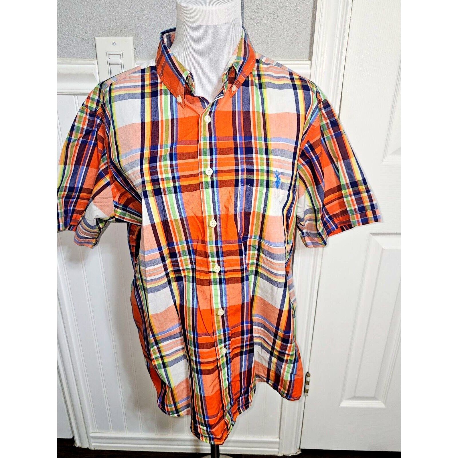U.S. Polo Assn. US Polo Assn Mens Large Orange Blue Plaid Short Sleeve Size US L / EU 52-54 / 3 - 1 Thumbnail