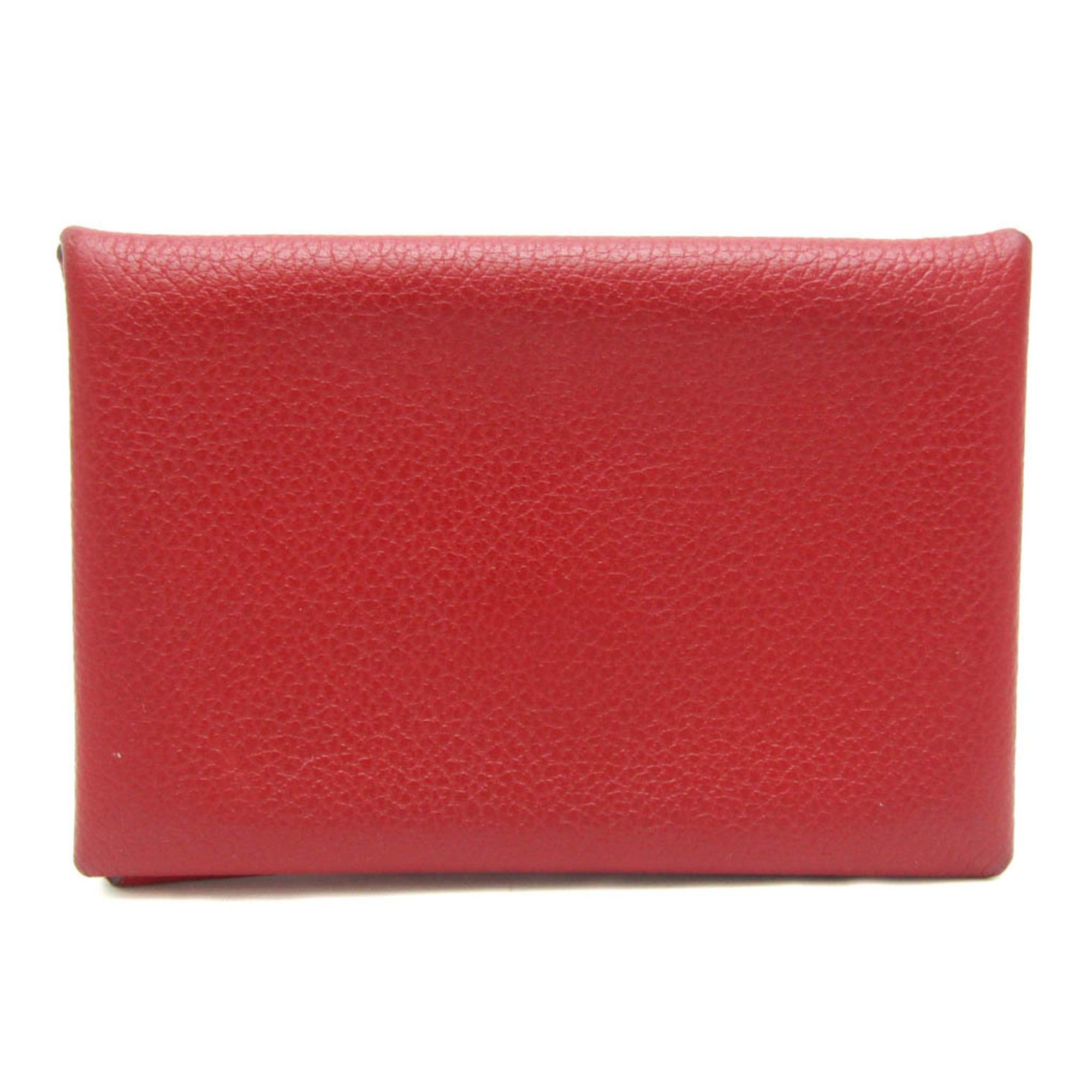 image of Hermes Calvi Chevre Leather Card Case Red Color, Women's