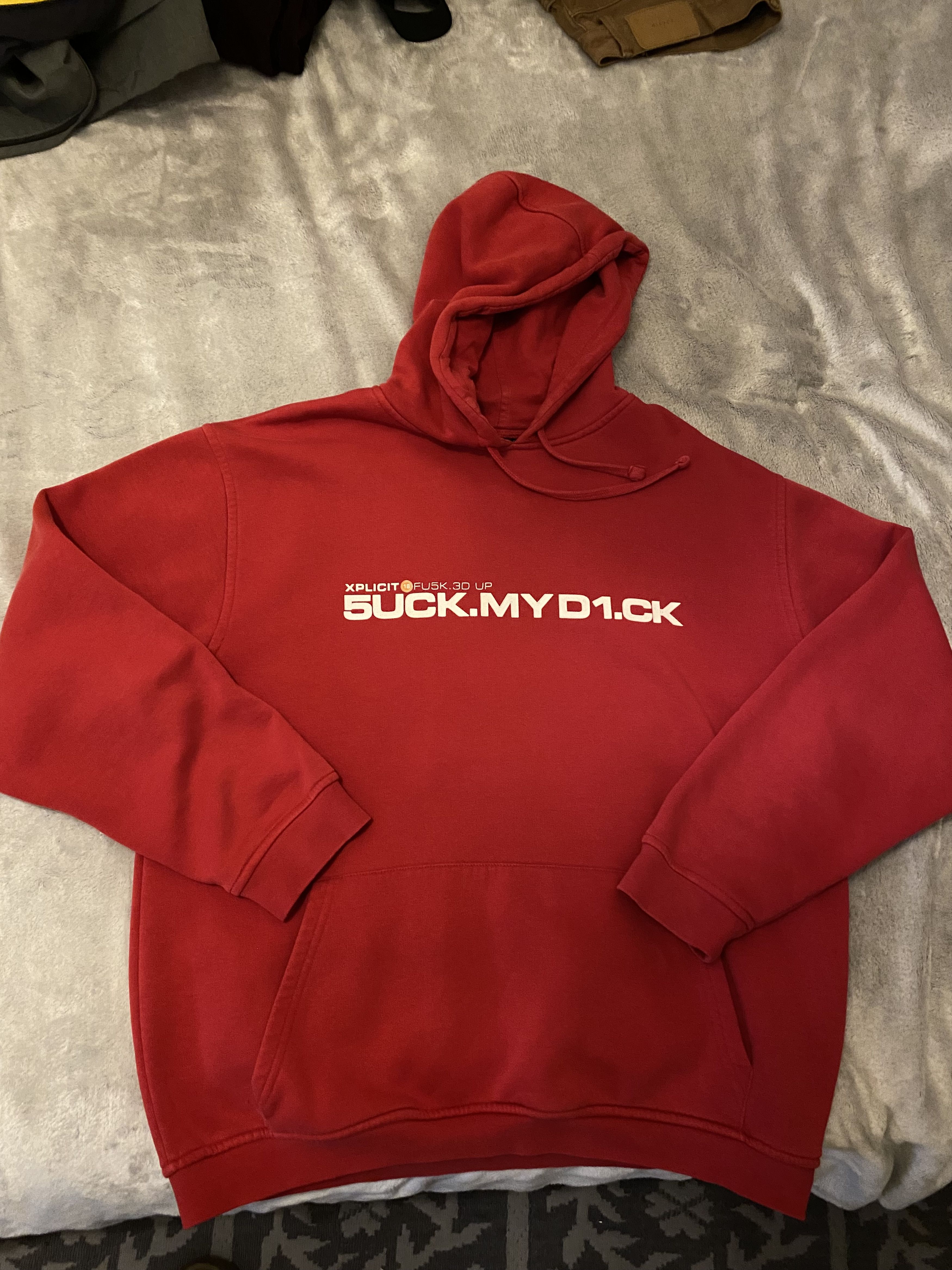 image of Vintage Y2K Fishbone ‘Suck My Dick’ Central Cee Hoodie in Red, Men's (Size XL)