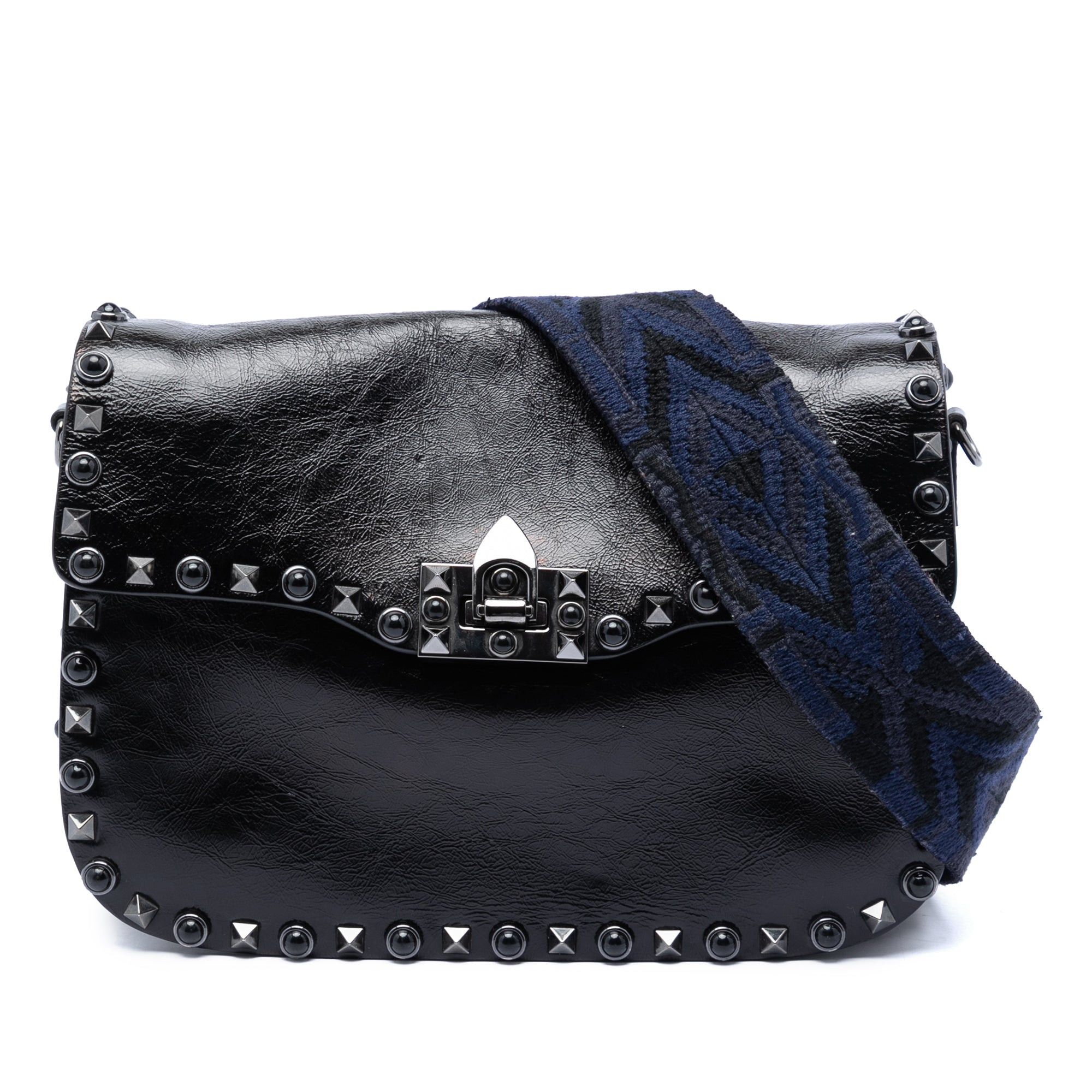 Valentino Medium Craquele Calfskin Guitar Strap Rockstud Rolling Flap Crossbody Size ONE SIZE - 1 Thumbnail