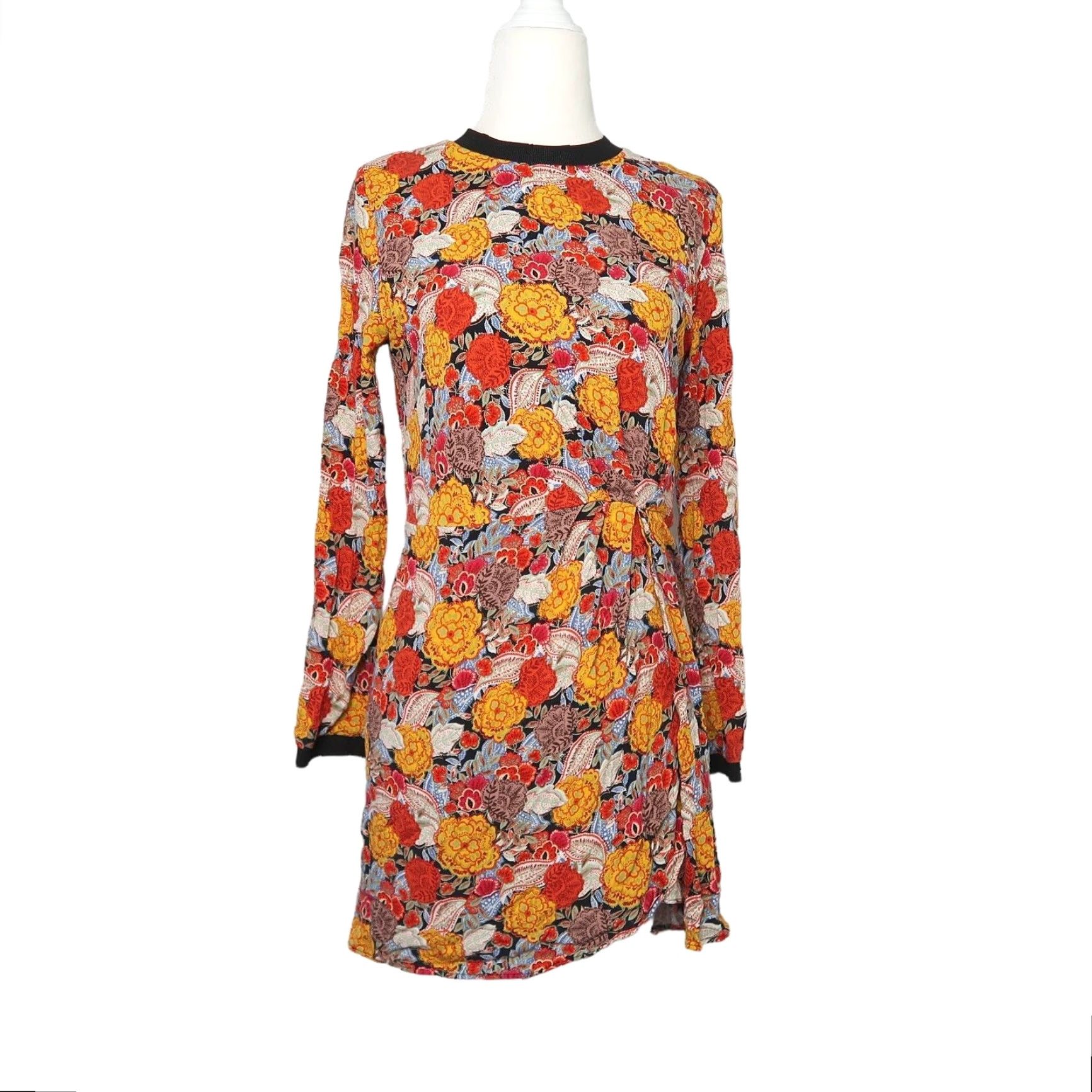 Zara ZARA trf Floral Print Mini Dress S Red Yellow Marigold, Long Sleeve, Zip Closure, Women, Spring, Casual, Dress Size S / US 4 / IT 40 - 2 Thumbnail