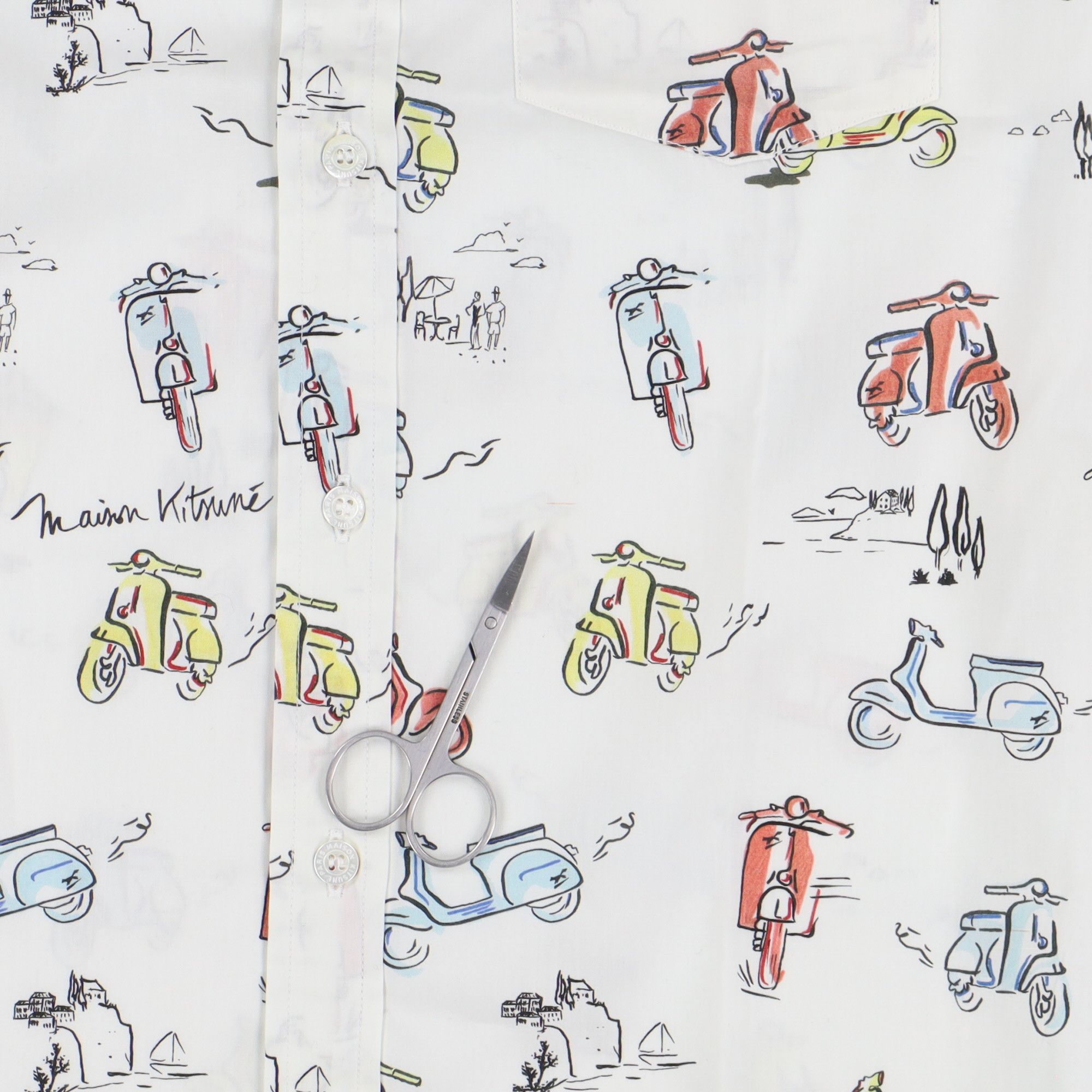 Maison Kitsune White All Over Scooter Print Short Sleeve Shirt Size US S / EU 44-46 / 1 - 8 Thumbnail