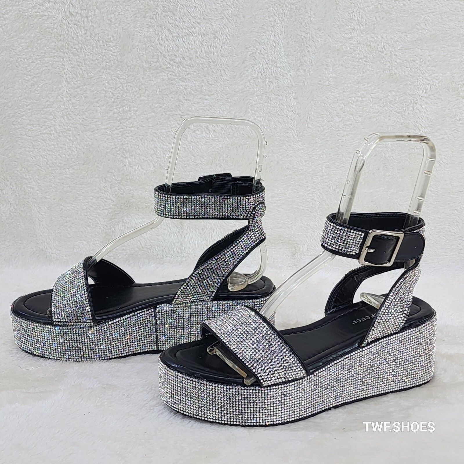 Other Flashy Black Ankle Strap Sparkling Rhinestone Wedge 2" Platf Size US 8 / IT 38 - 1 Thumbnail