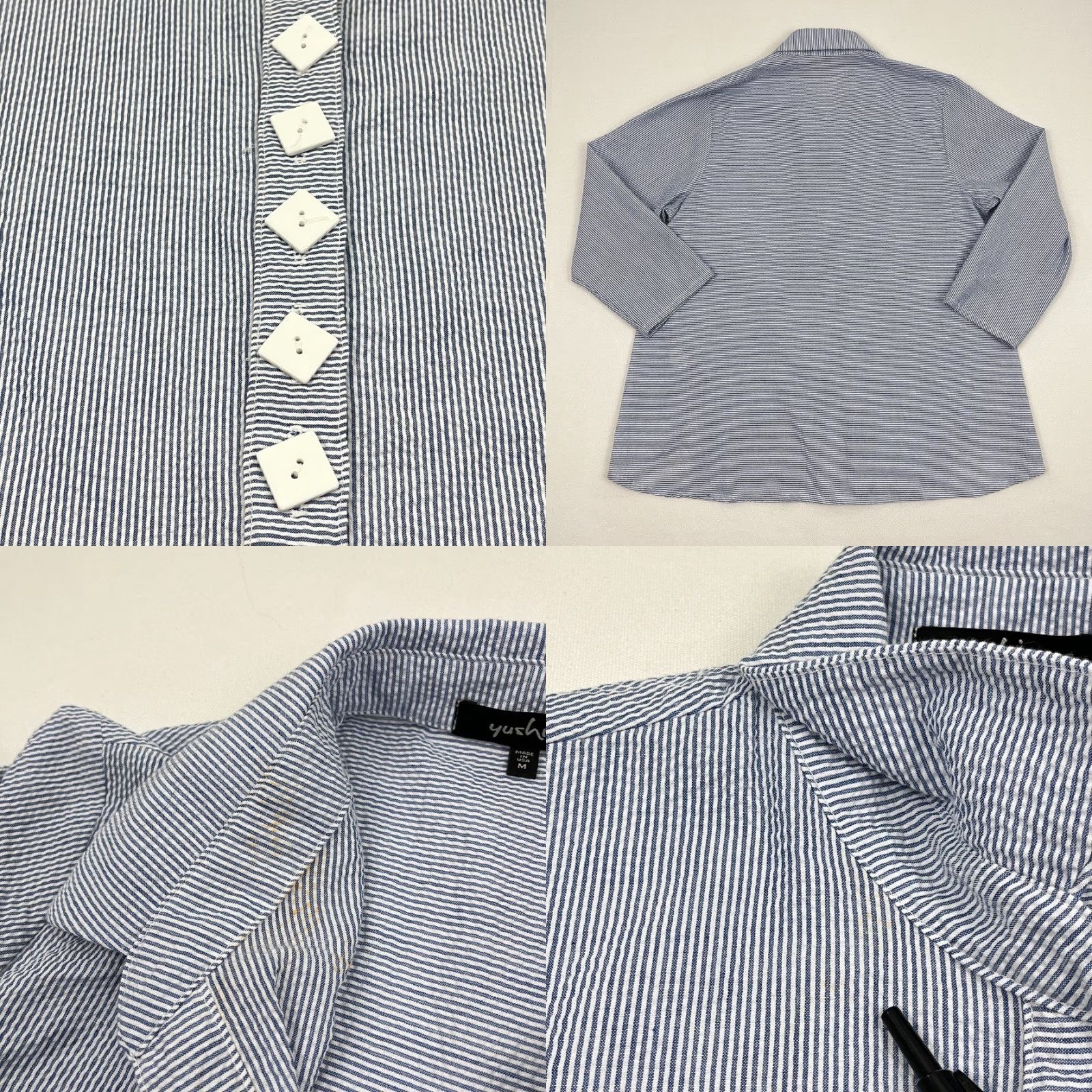 Vintage Yushi Blazer Blouse Womens M PinStriped Seersucker Artsy Button Front Stretch Shirt Dress? Size M / US 6-8 / IT 42-44 - 8 Thumbnail