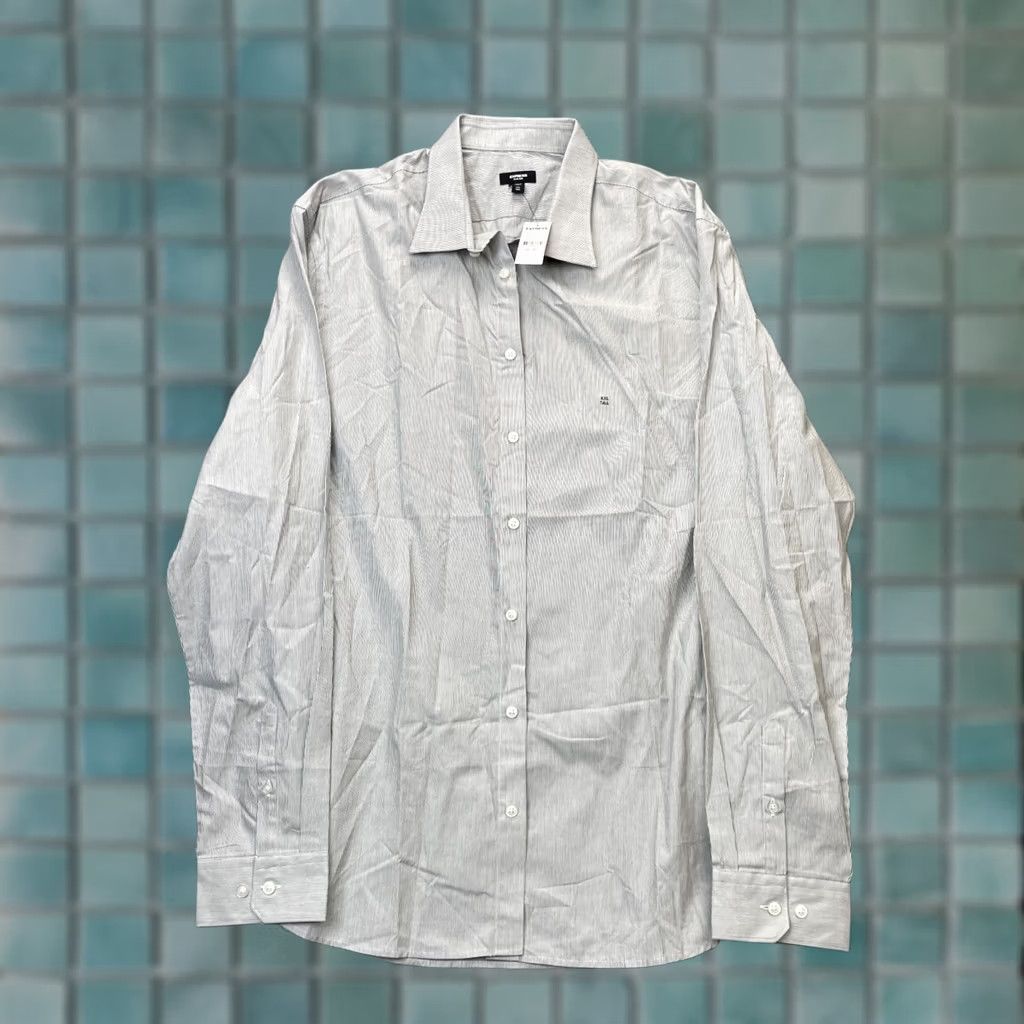 Express Express Shirt Mens XXL Tall Gray Striped Cotton Stretch Formal Slit Button Collar Dress Shirt Size 48R - 1 Thumbnail