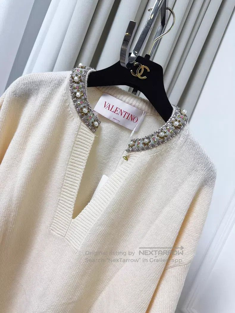 Valentino Valentino Off-white long-sleeved V-neck studded beaded dia Size L / US 10 / IT 46 - 3 Thumbnail