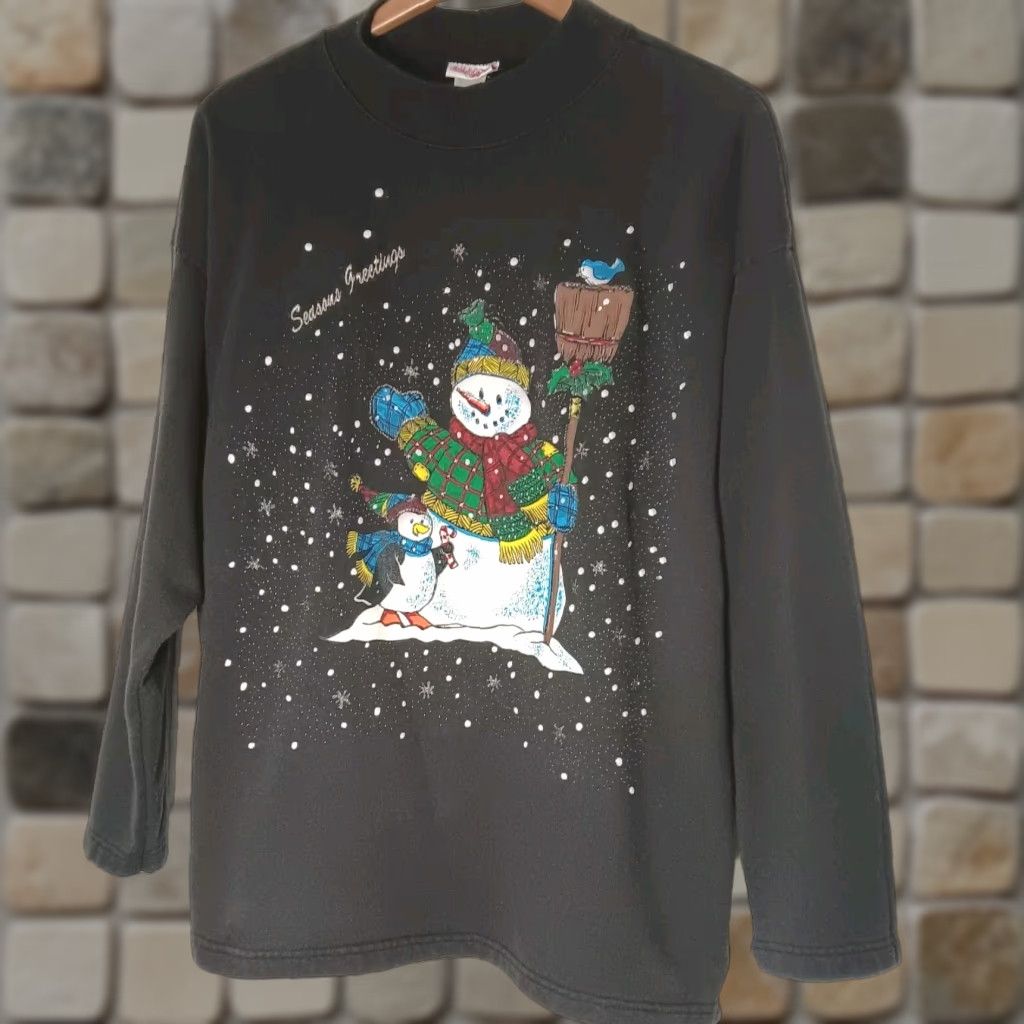 Vintage VINTAGE Holiday Time Sweatshirt XL Black Mock Neck Snowman Penguin Seasons Greetings Christmas Winter Puffy Graphic Glitter Womens Size XL / US 12-14 / IT 48-50 - 1 Thumbnail