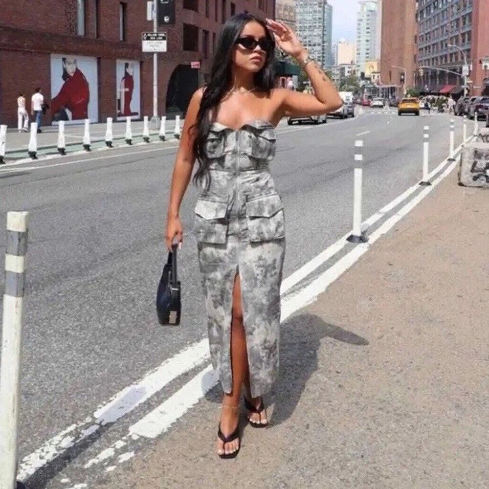 Zara NWT ZARA 100% Cotton Strapless Printed Cargo Midi Dress Size XS / US 0-2 / IT 36-38 - 2 Thumbnail