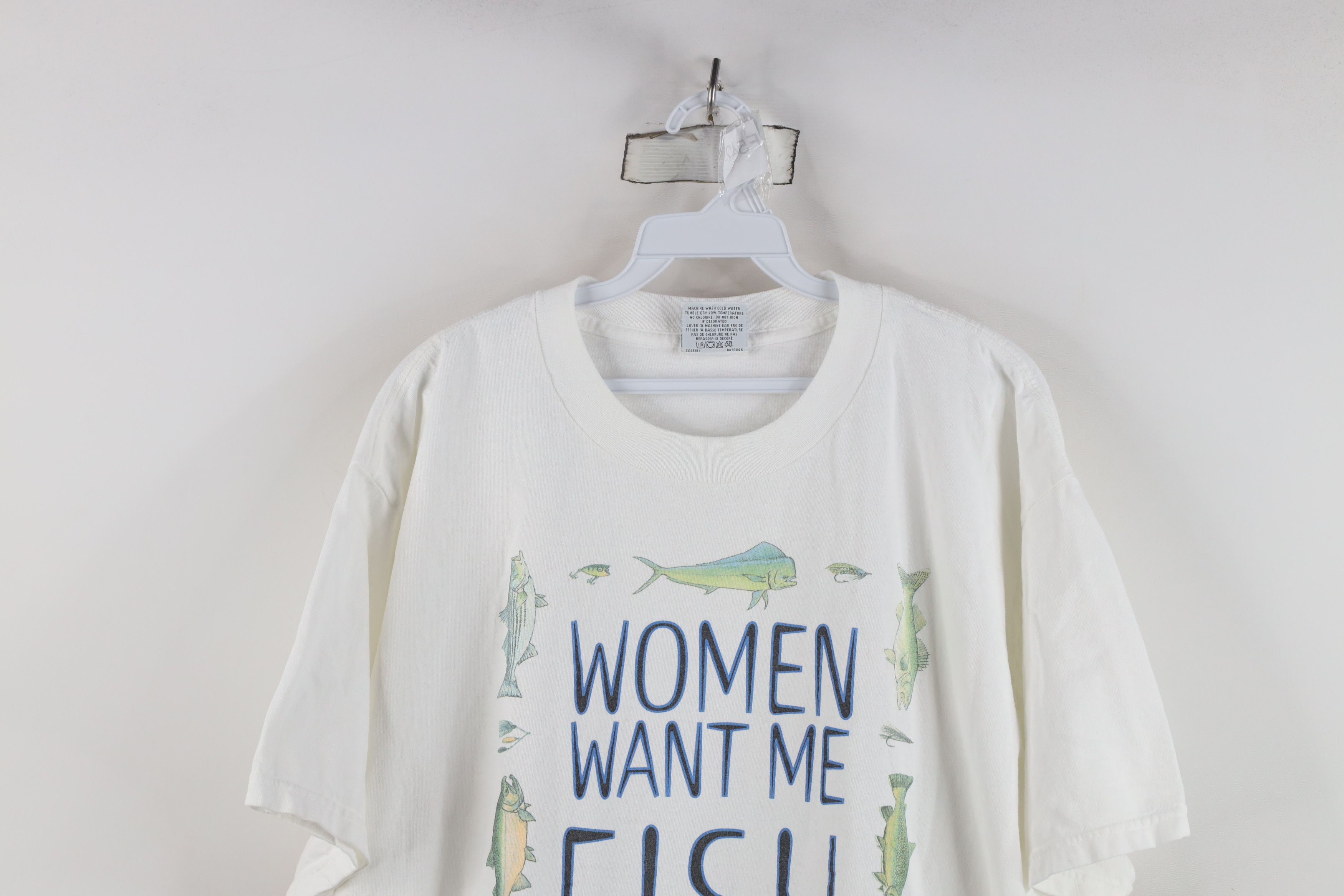 Vintage Vintage 90s Streetwear Women Want Me Fish Fear Me T-Shirt Size US XL / EU 56 / 4 - 2 Thumbnail