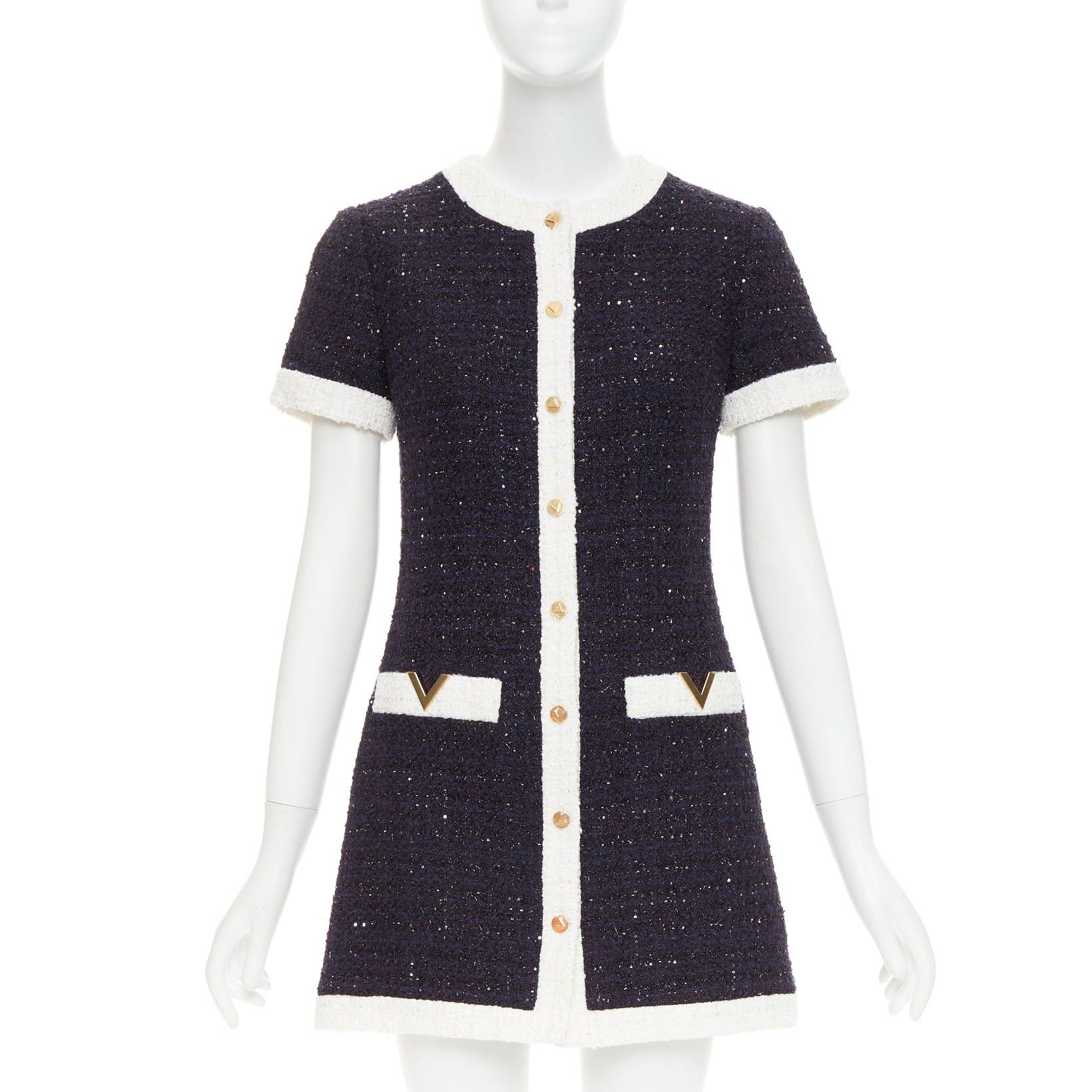 Valentino VALENTINO 2023 Retro Mini cream navy boucle tweed V logo mini dress IT38 XS Size XS / US 0-2 / IT 36-38 - 1 Thumbnail