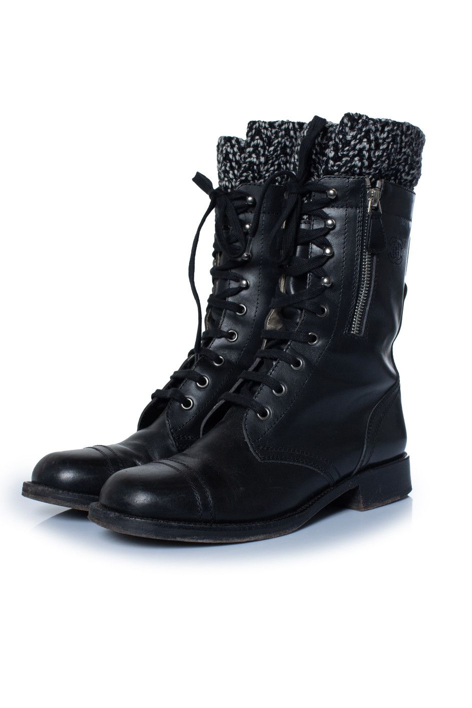 Chanel Chanel, Black leather cc tweed sock combat boots Size US 9.5 / IT 39.5 - 1 Thumbnail