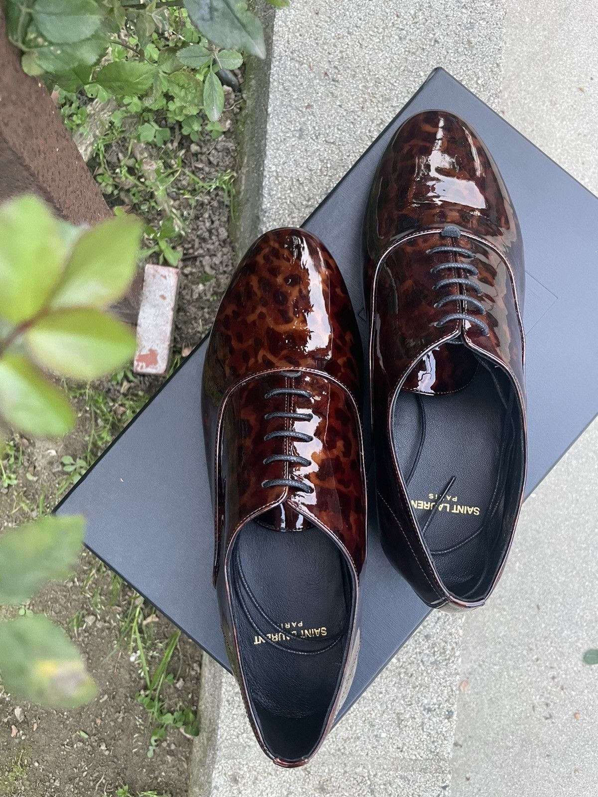 Saint Laurent Paris SLP Runway Patent Leather Lace Up Oxford Shoes Tortoise Size US 8 / EU 41 - 1 Thumbnail