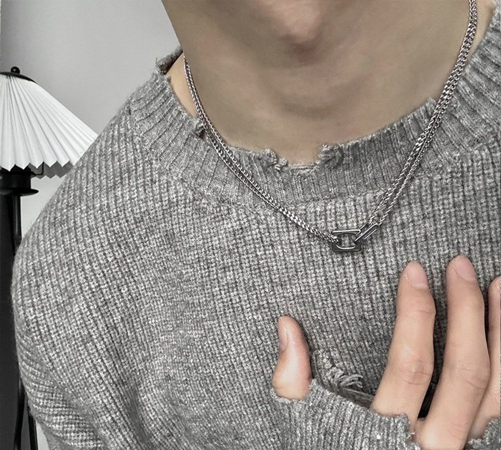 Jewelry 45cm Trend Double Block Lock Titanium Steel Necklace Size ONE SIZE - 4 Thumbnail