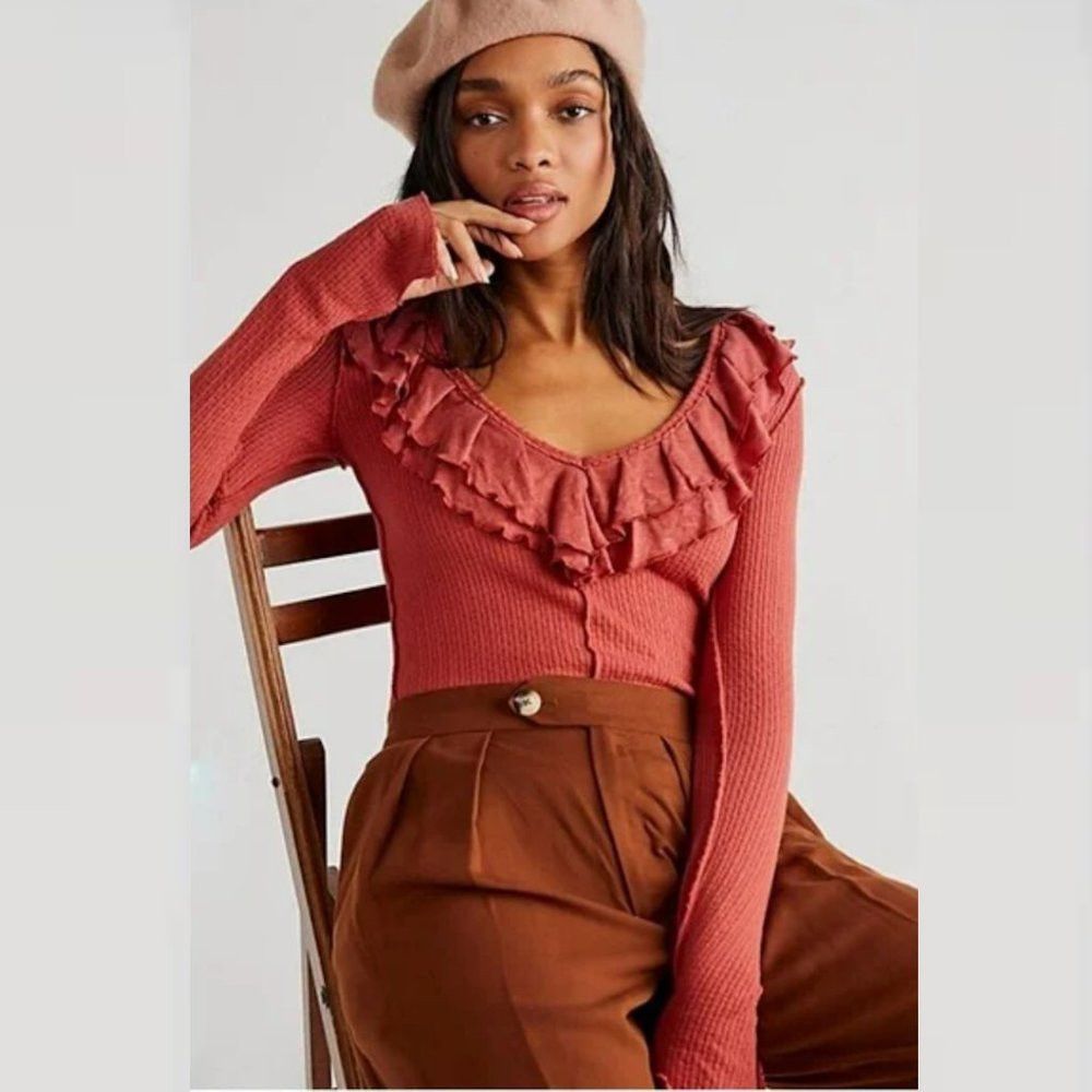 Free People New Free People Bennet Ruffled Long Sleeve Terracotta Top S Size XS / US 0-2 / IT 36-38 - 1 Thumbnail