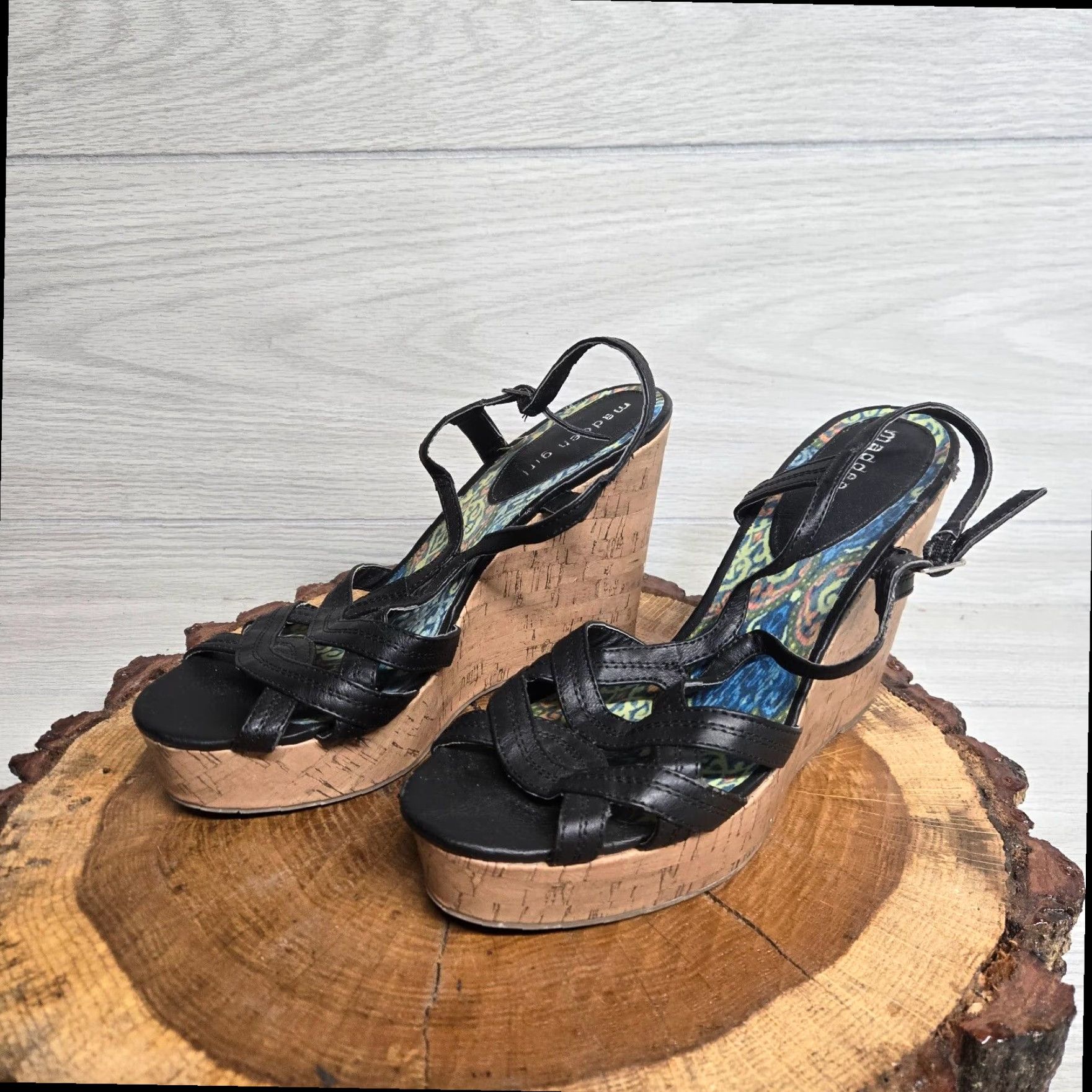 Vintage Madden Girl Strappy Wedge Sandal Black Faux Leather Adult Women's Size 10M Size US 10 / IT 40 - 2 Thumbnail