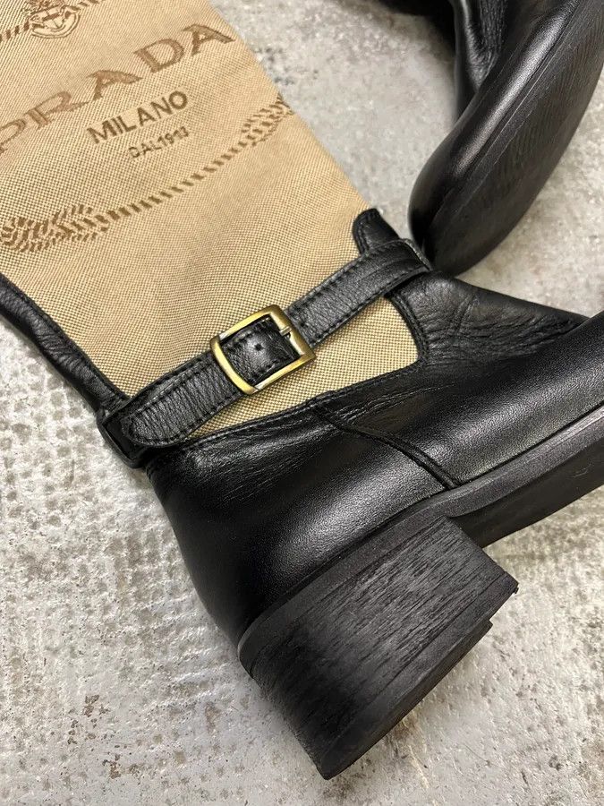 Prada Prada Beige Linen Black Leather Boots Size US 6 / IT 36 - 4 Thumbnail