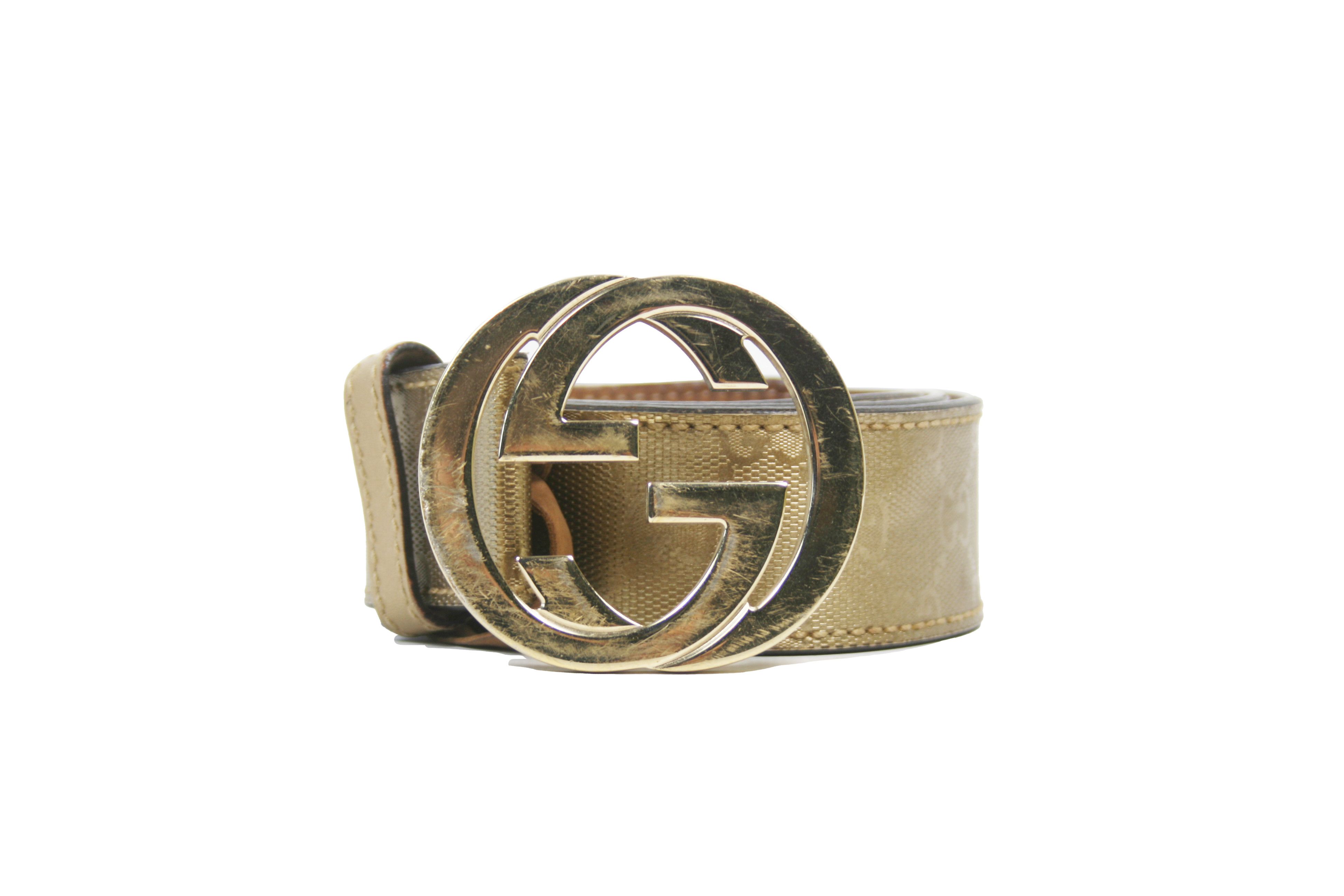 Gucci Gold Imprime Monogram Leather Interlocking Belt Size 36 - 1 Thumbnail