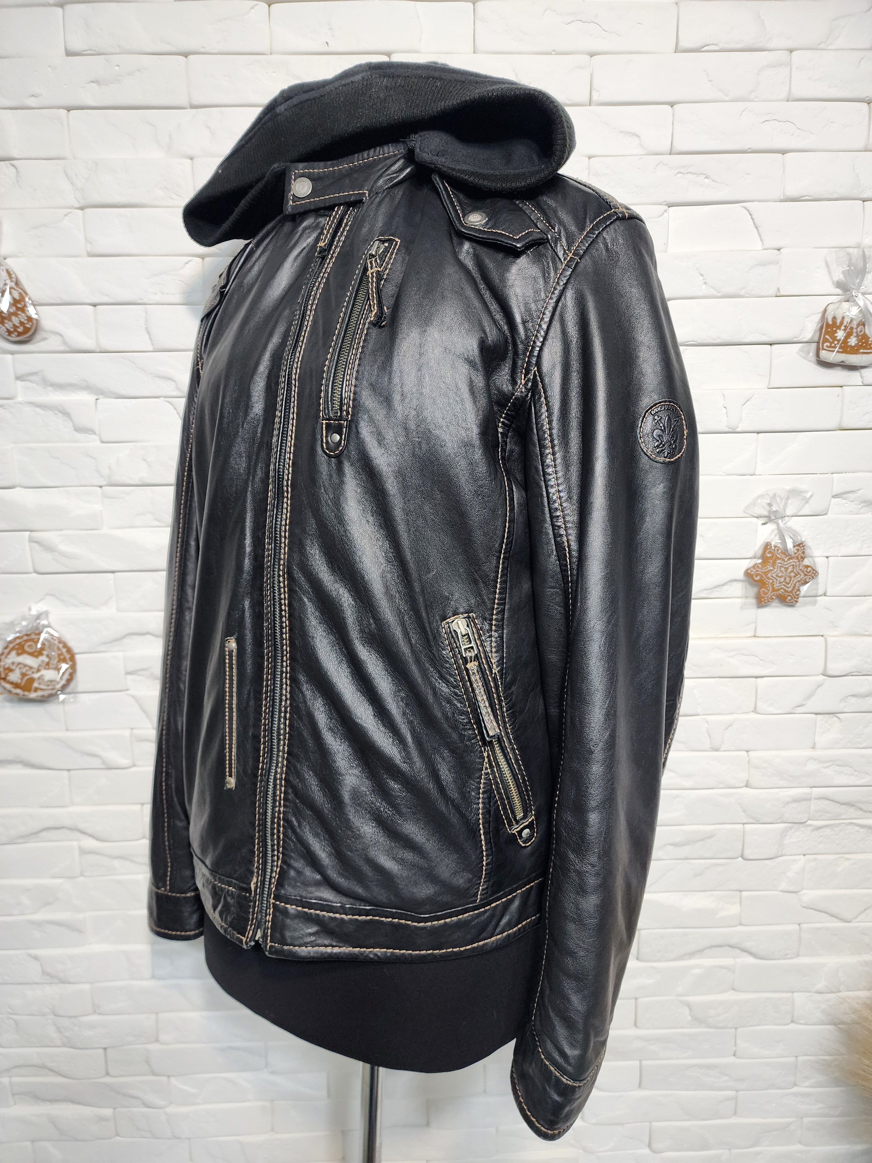 Genuine Leather Men's Black Leather Hooded Jacket: Knitted Collar & Hood. Size US L / EU 52-54 / 3 - 2 Thumbnail