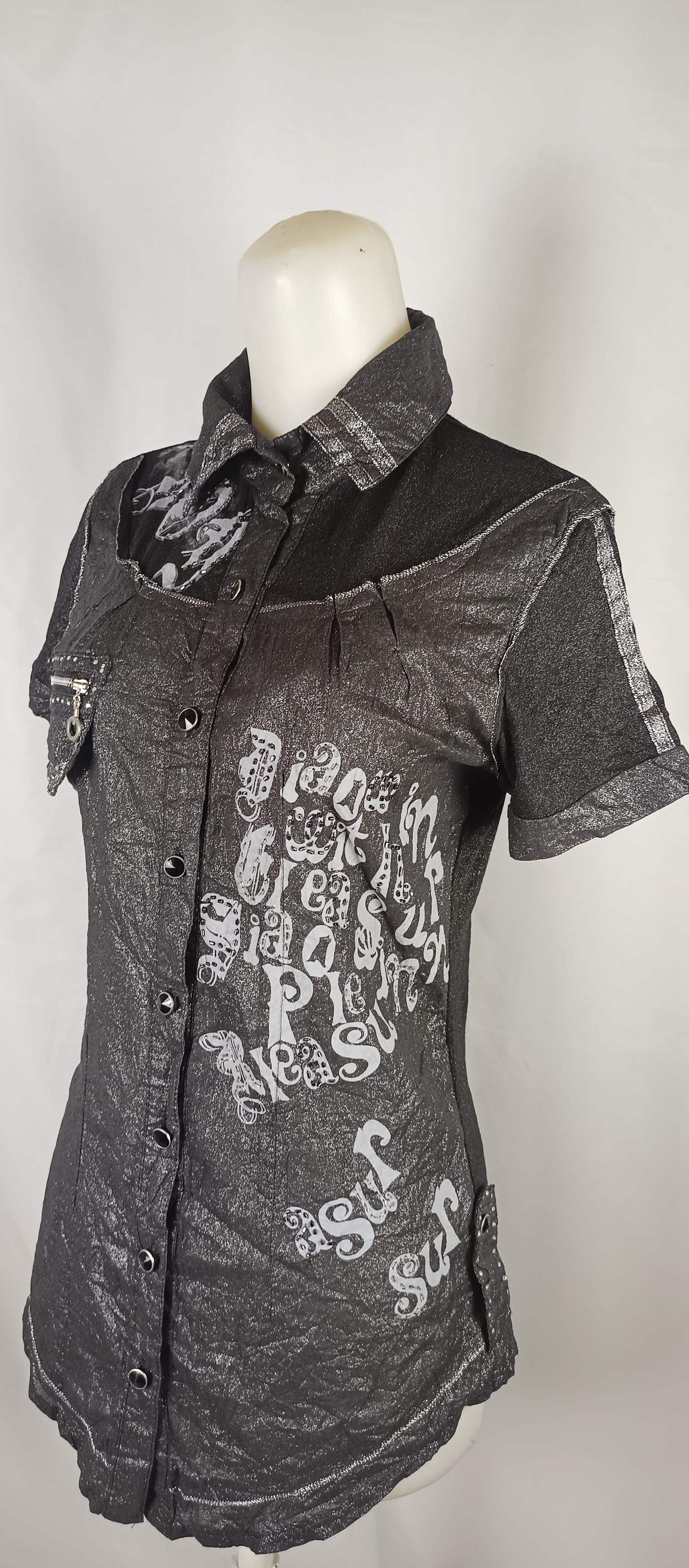 Japanese Brand Women's Black Poem Shimmer Blouses Short Sleeve Size US M / EU 48-50 / 2 - 18 Thumbnail
