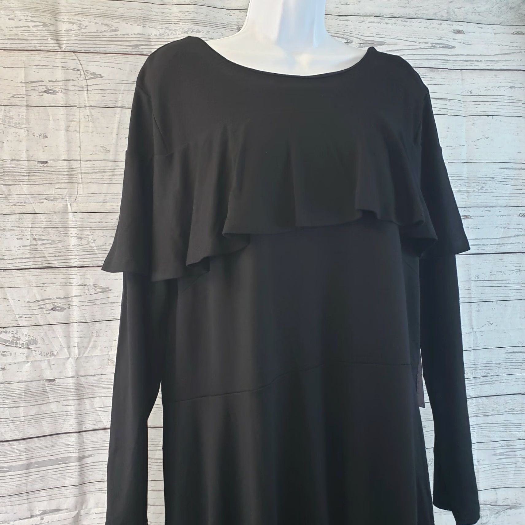 Vintage VINTAGE Eloquii Womens Dress Sz 20 Solid Black Long Sleeve Ruffle Rayon Blend Knee Length Womens Size 3XL / US 20-22 - 2 Thumbnail