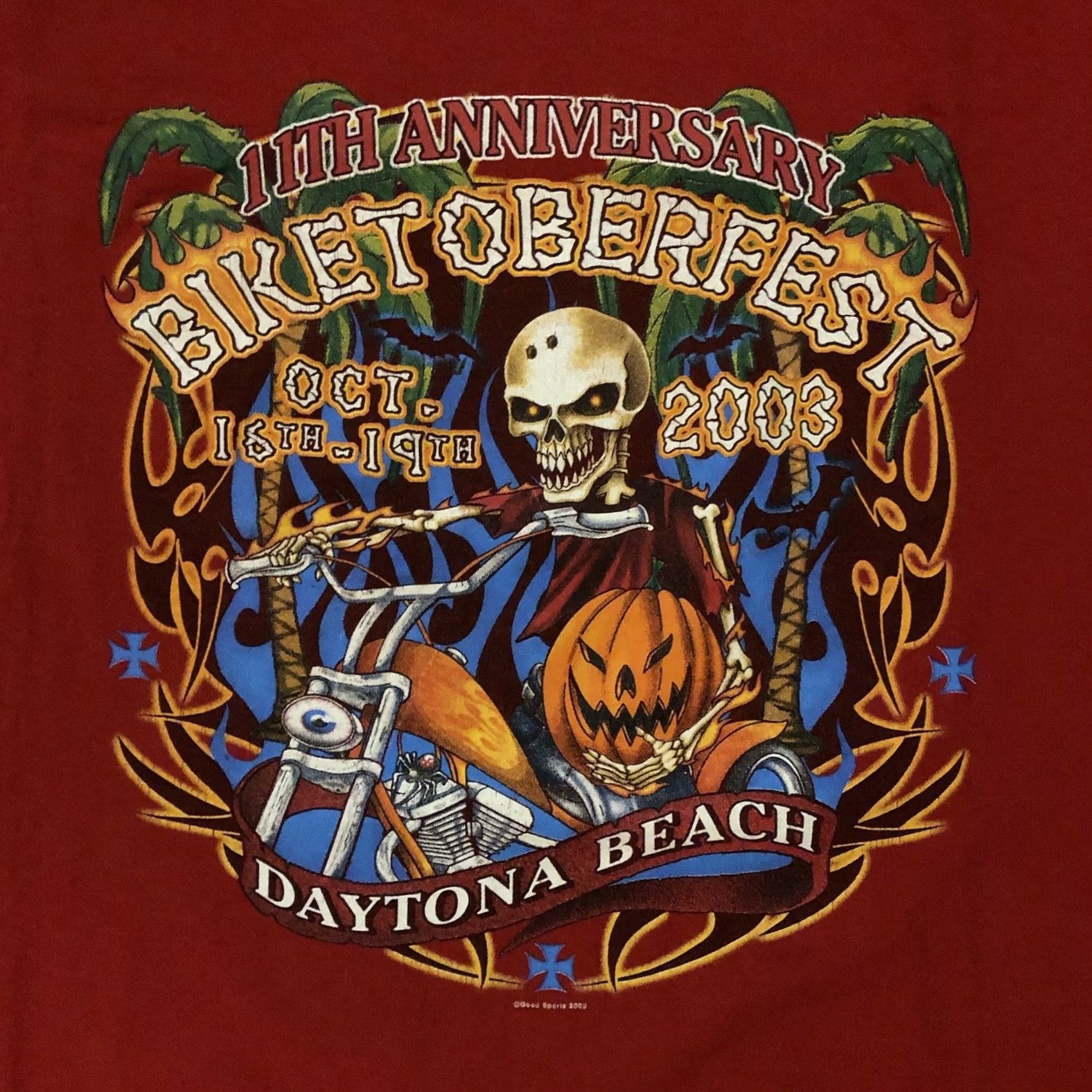 Delta VINTAGE Delta Pro Weight T-Shirt Daytona Beach BIKETOBERFEST 2003 Red Skeleton Jack-O-Lantern 🎃 Men L Shirt Size US L / EU 52-54 / 3 - 3 Thumbnail