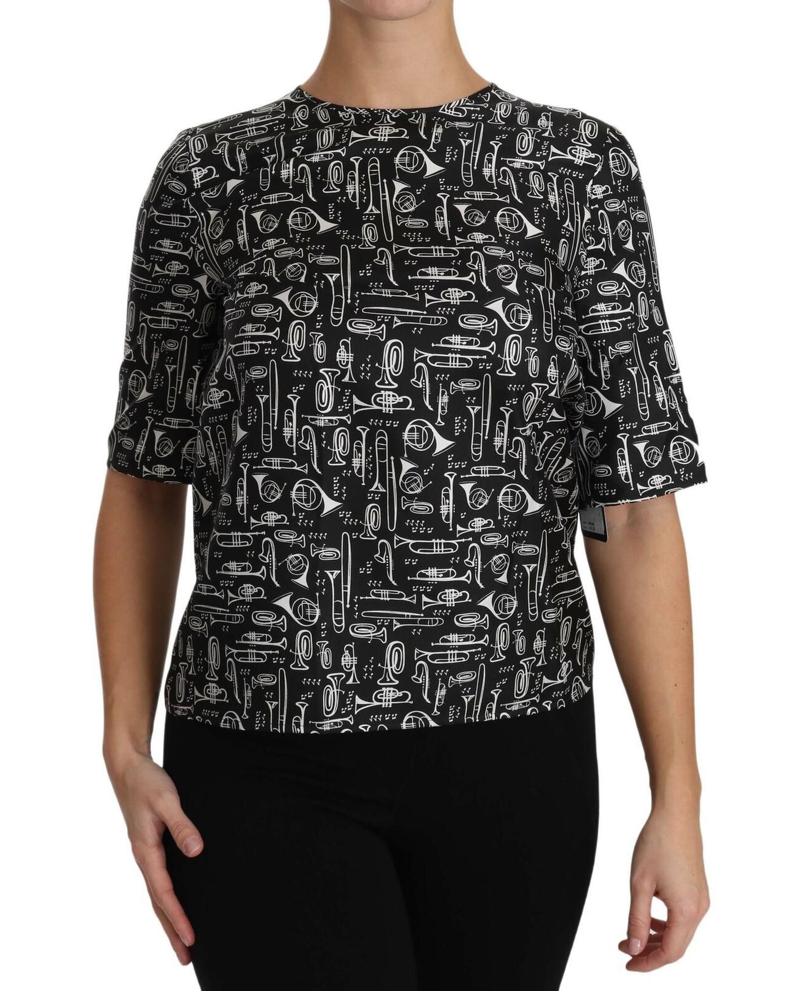 image of Dolce Gabbana Musical Instruments Print Silk Blouse in Black, Women's (Size XS)