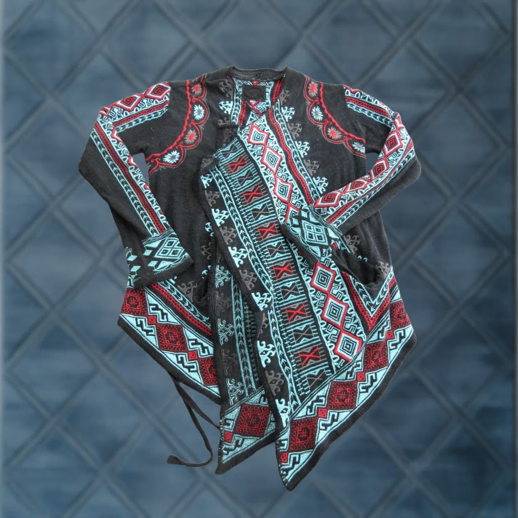 Johnny Was Johnny Was Sweater Cardigan Womens Medium Black Aztec Wrap Belted Knit Boho Wrap Open V-Neck Long Sleeve Geometric Fall Casual Size M / US 6-8 / IT 42-44 - 1 Thumbnail