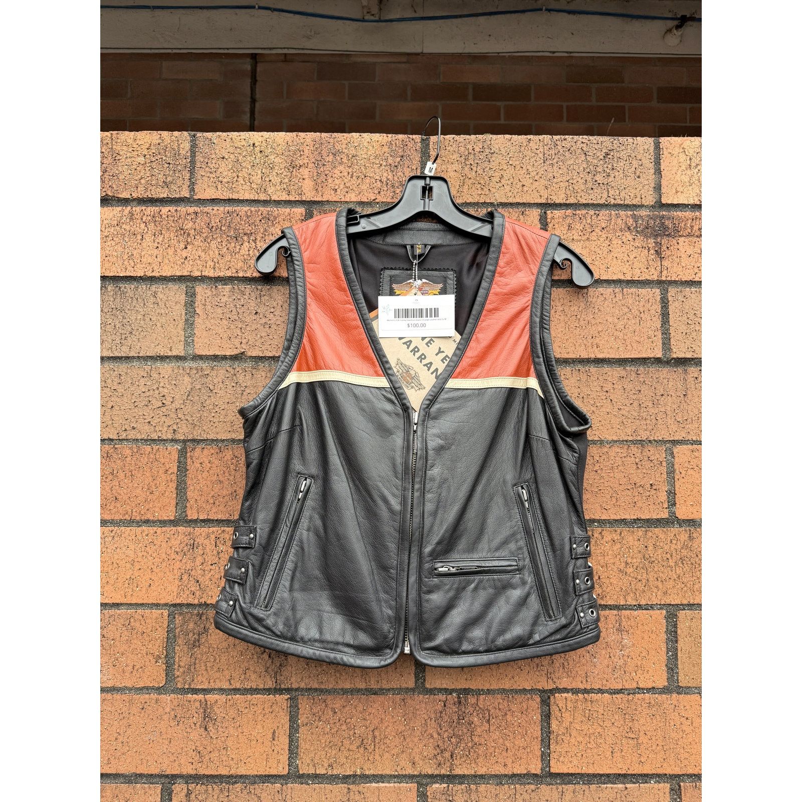Womens Y2K Harley Davidson Black Orange Vintage Leather Vest