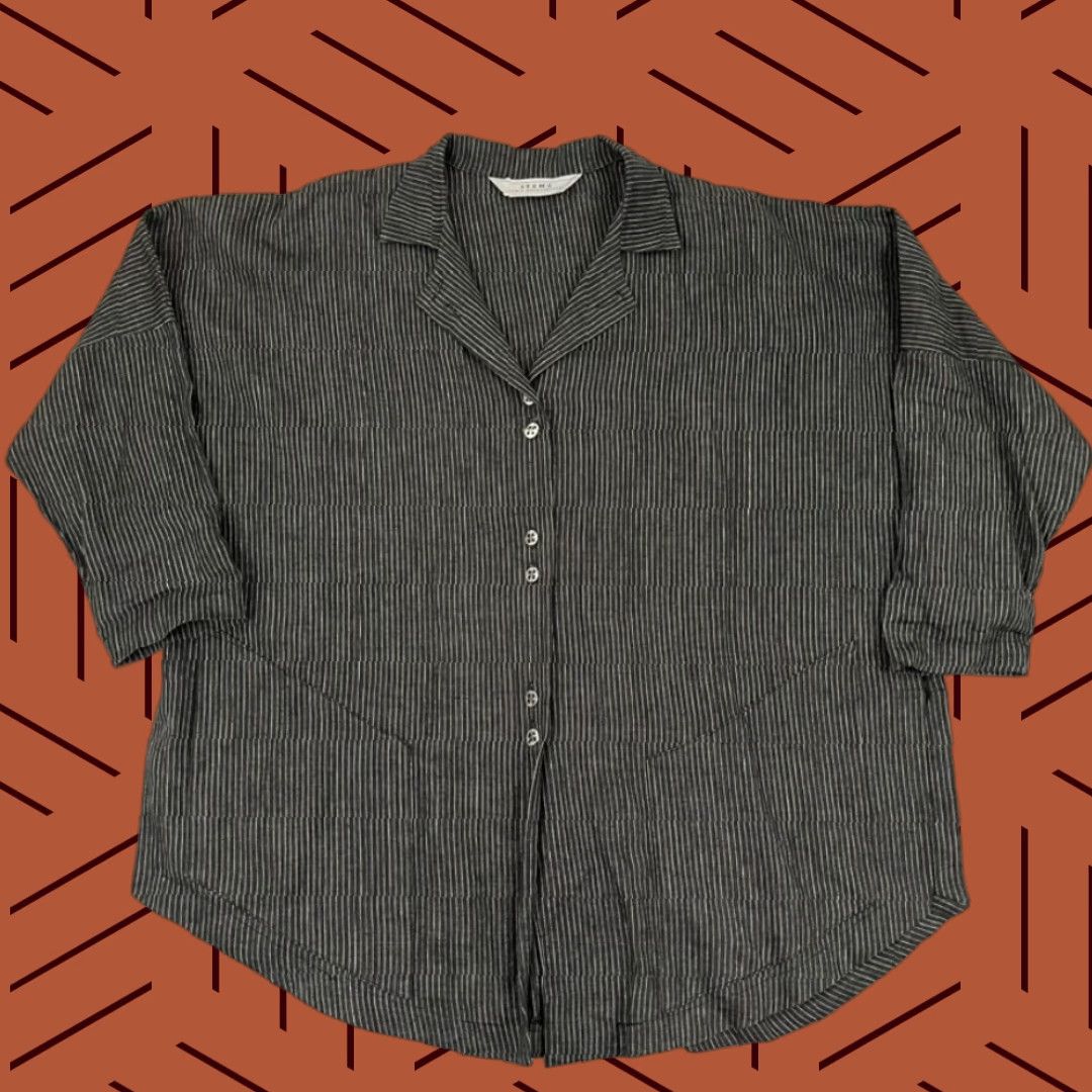 Vintage VINTAGE Itemz Chris Baumgartner Button Up Shirt Women OS Gray Pinstripe Lagenlook Blouse Size ONE SIZE - 1 Thumbnail
