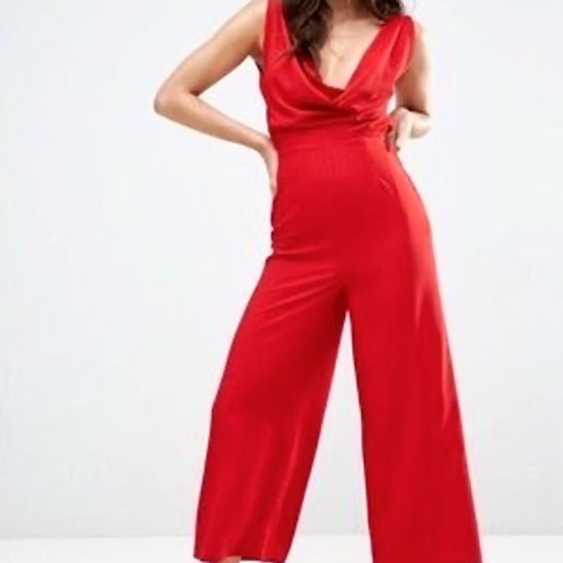 Asos ASOS Jumpsuit Womens Red Draped Neckline Open Back Strappy Size 6 Size 28" / US 6 / IT 42 - 2 Thumbnail