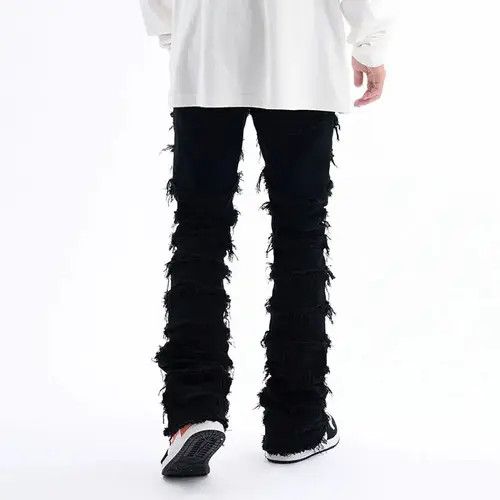 VIBE Black Striped Tassel Frayed Straight Baggy Jeans Pants Size US 32 / EU 48 - 7 Thumbnail