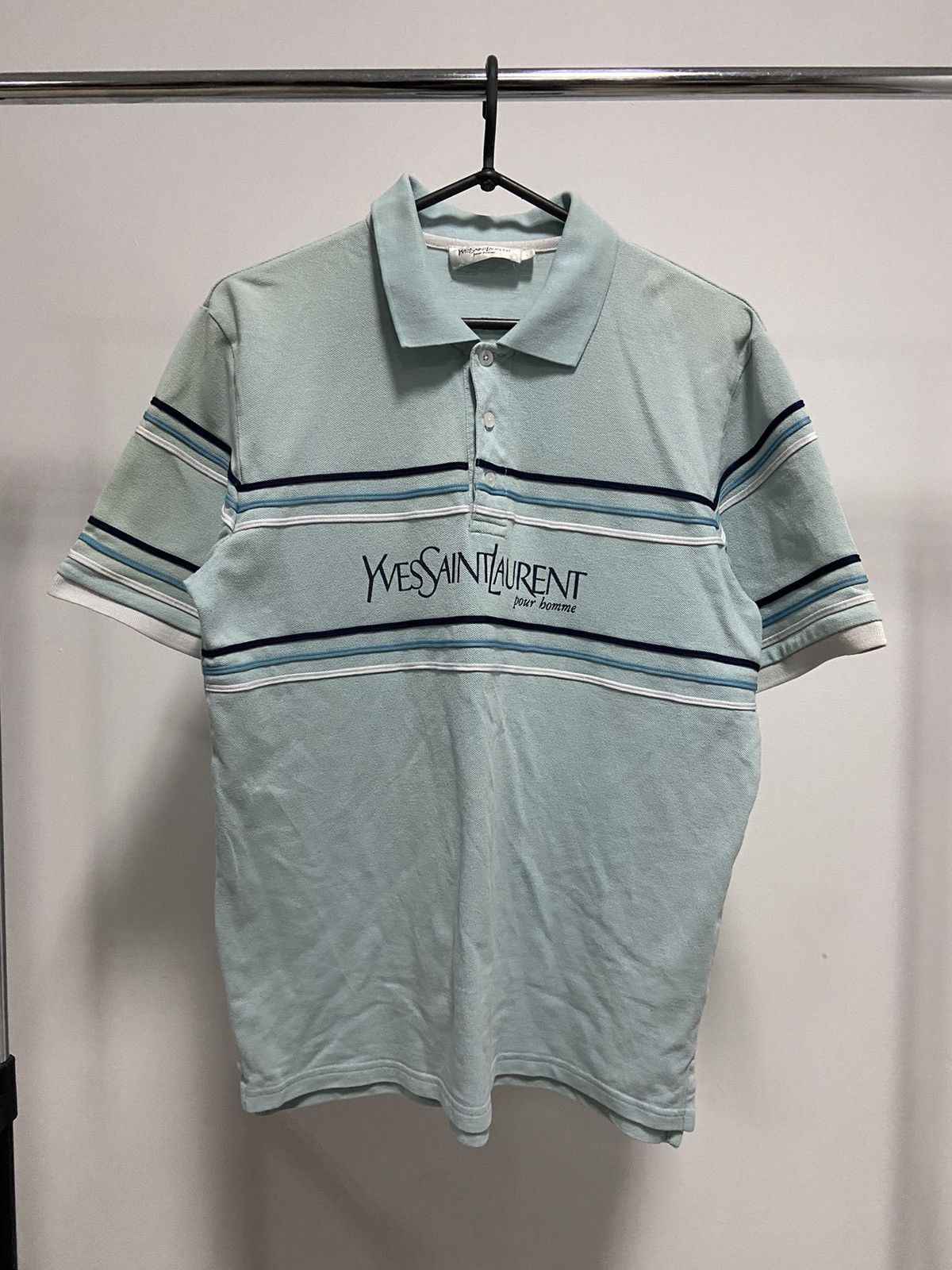 Vintage × Yves Saint Laurent Yves Saint Laurent Vintage polo stripes big logo t shirt Size US L / EU 52-54 / 3 - 1 Thumbnail