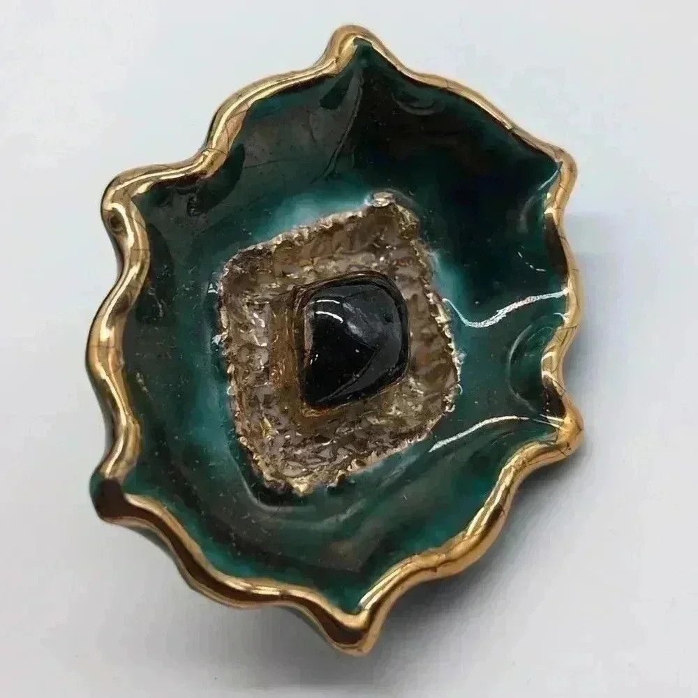 Vintage Blue Green and Gold ceramic Brooch Pin Rare Estate Jewelry Size ONE SIZE - 2 Thumbnail