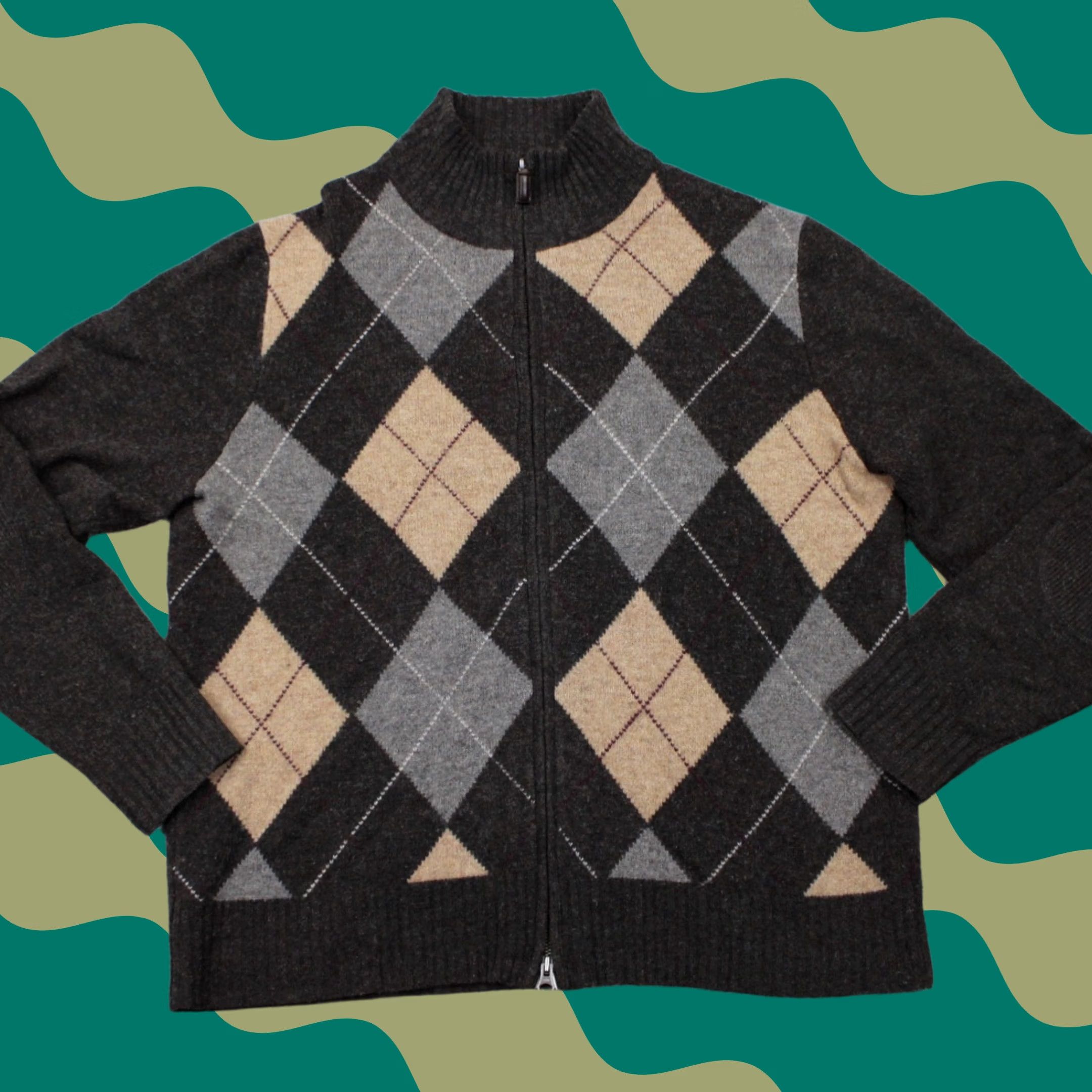 J.Crew J. Crew Sweater Mens Large Brown/Tan Argyle Lambswool Full Zip L/S Sweatshirt Hoodie Size US L / EU 52-54 / 3 - 1 Thumbnail