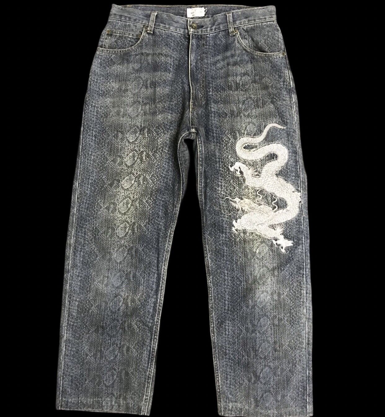 Japanese Brand D121 KARAKURU TAMASHI Phyton All Print Dragon Jeans Size US 34 / EU 50 - 2 Thumbnail