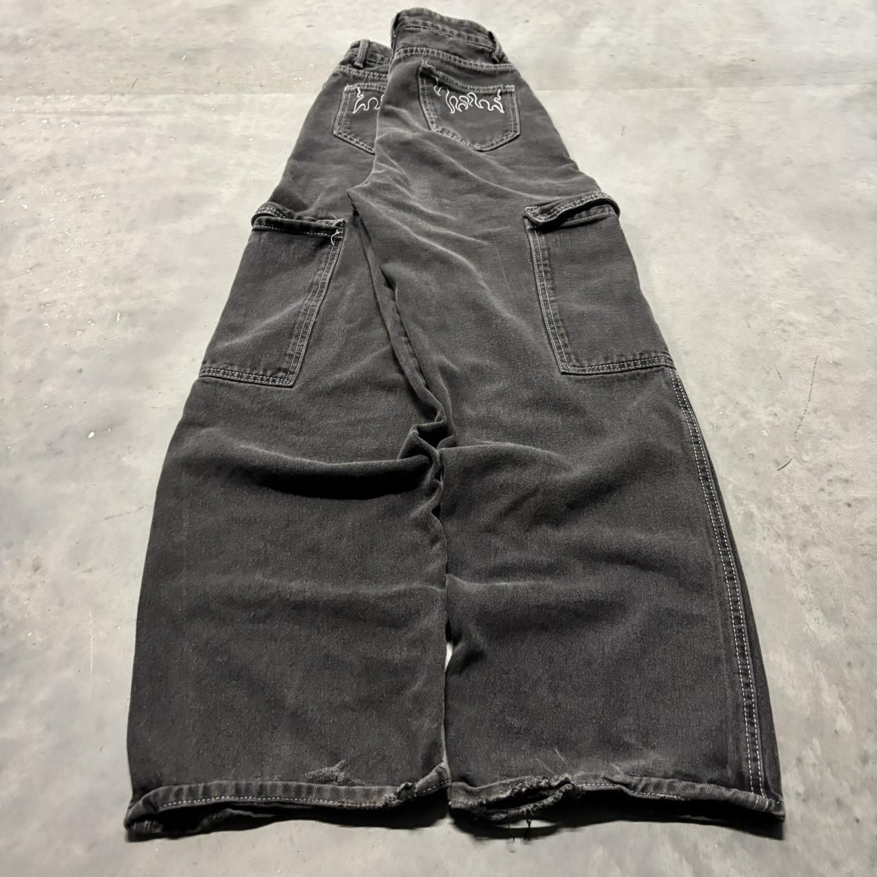 Japanese Brand × Vintage Crazy Vintage Y2K/2000s Baggy Black Embroidered Streetwear Skater Cargo Jeans! Size US 26 / EU 42 - 4 Thumbnail