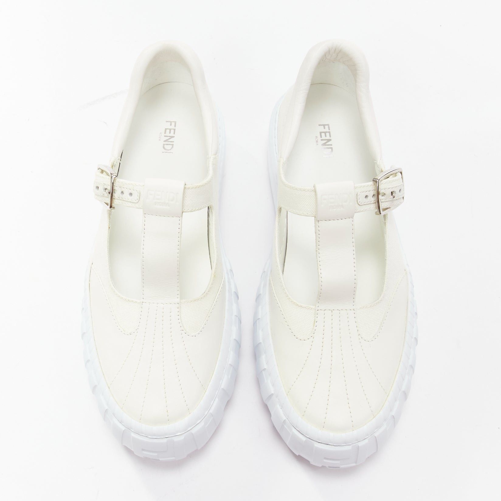 image of Fendi White Leather Canvas Logo Buckles T Strap Platform Sneakers Eu41, Men's (Size 8)